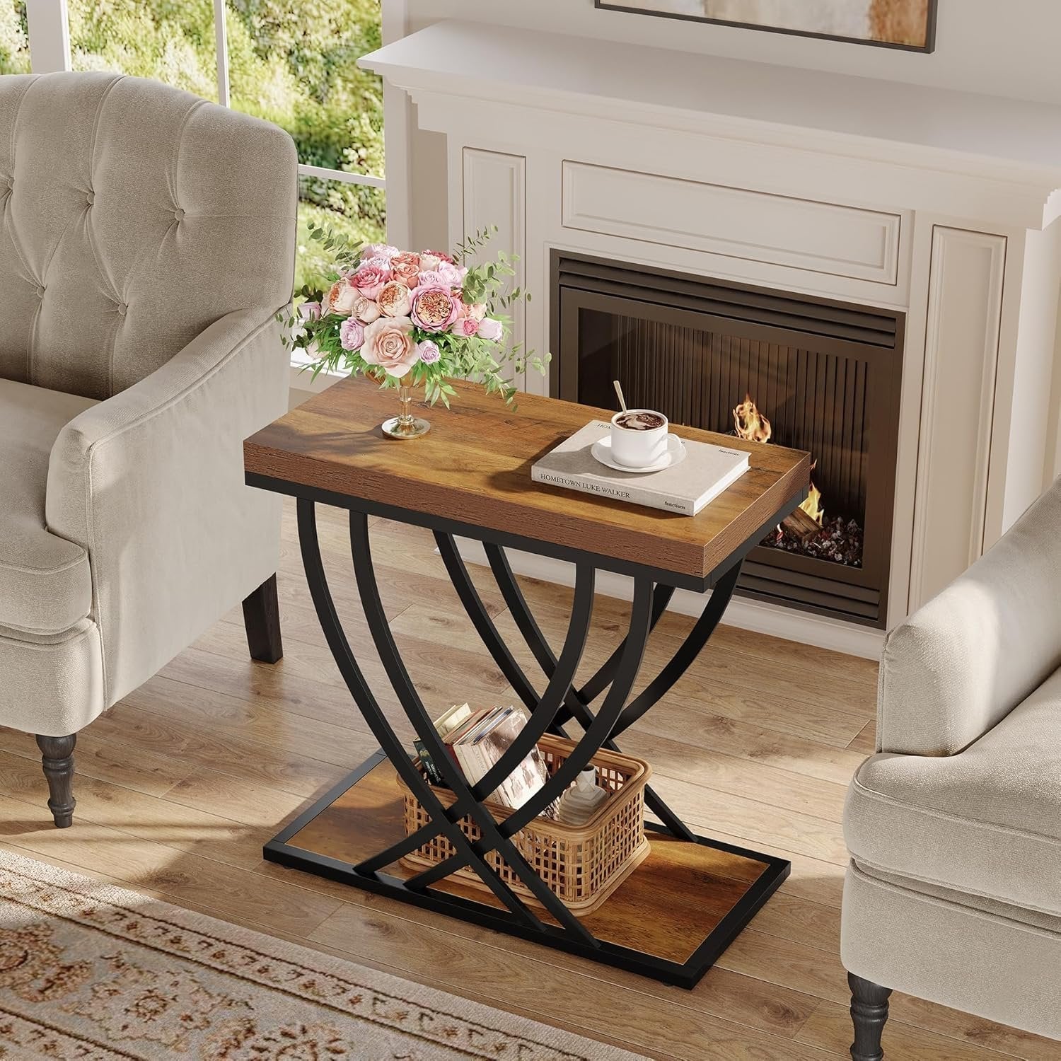 Tribesigns Ensemble de tables d'appoint de 60 cm, Table de chevet industrielle à 2 niveaux en marron rustique