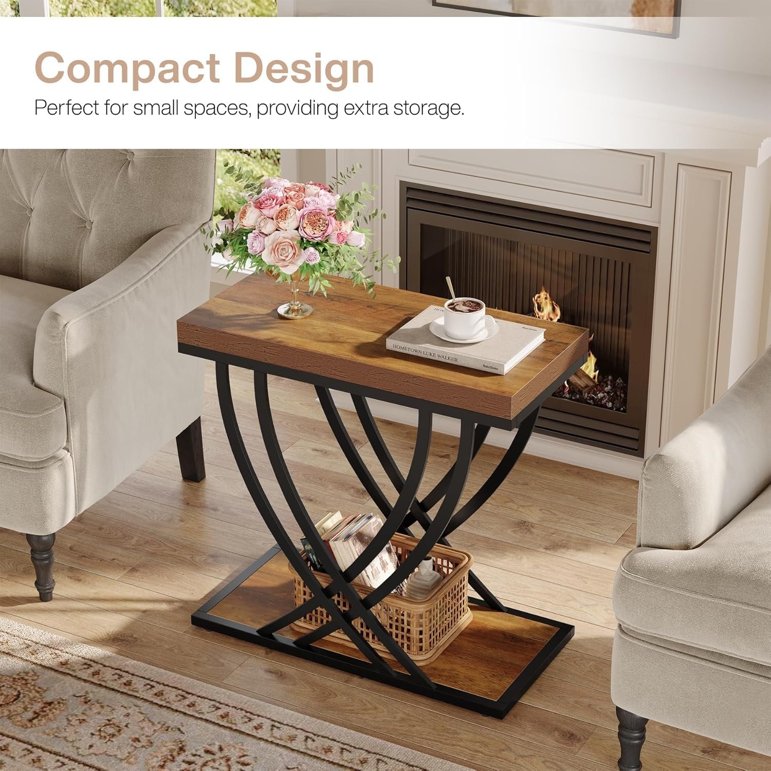 Tribesigns Ensemble de tables d'appoint de 60 cm, Table de chevet industrielle à 2 niveaux en marron rustique