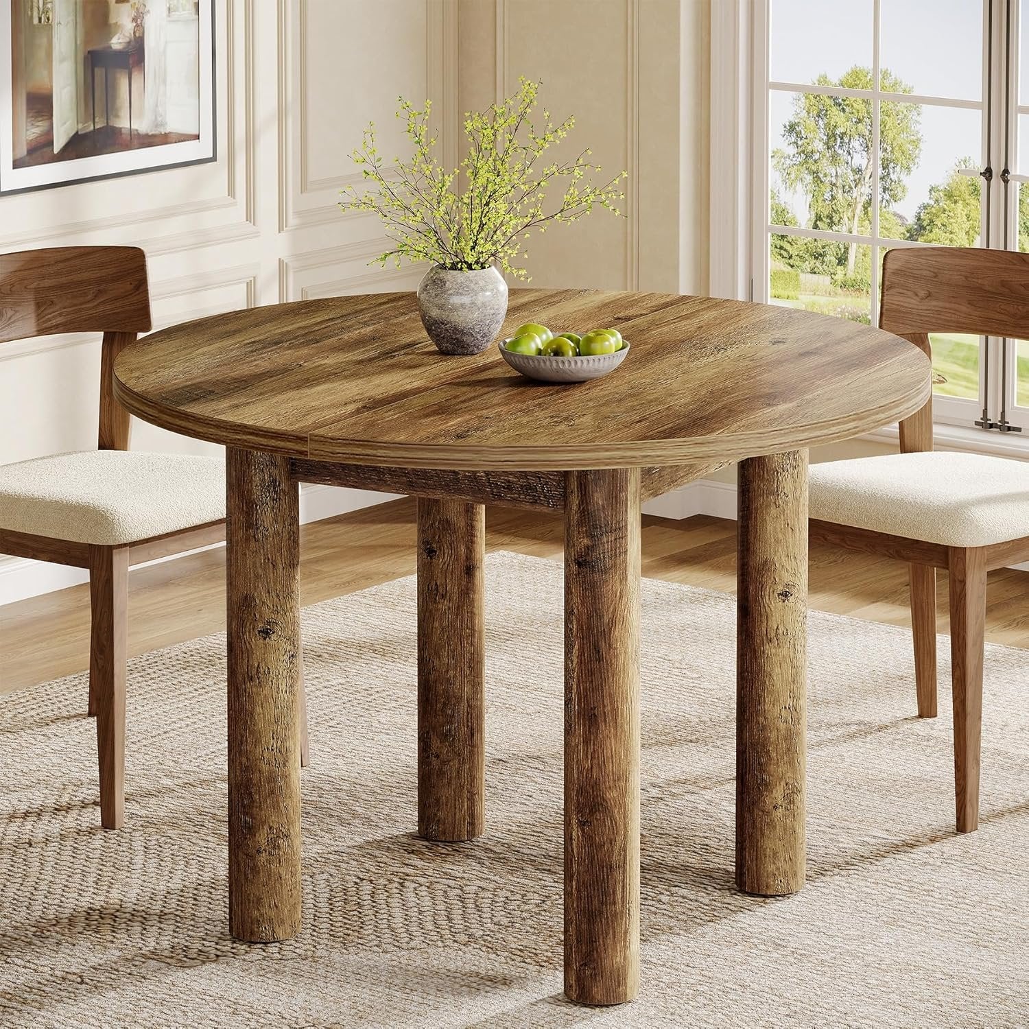 Tribesigns Table à manger ronde de 100 cm pour 4 personnes, Table de cuisine de campagne moderne en marron