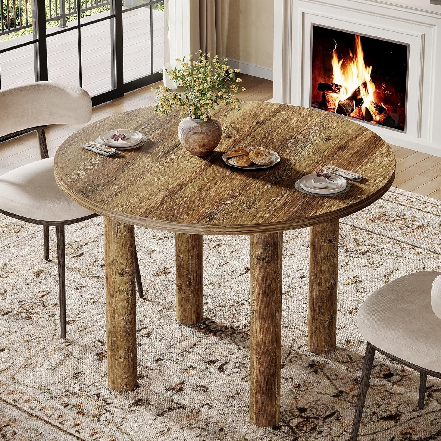 Tribesigns Table à manger ronde de 100 cm pour 4 personnes, Table de cuisine de campagne moderne en marron