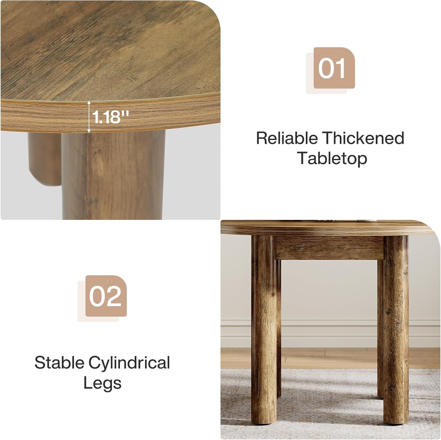 Tribesigns Table à manger ronde de 100 cm pour 4 personnes, Table de cuisine de campagne moderne en marron