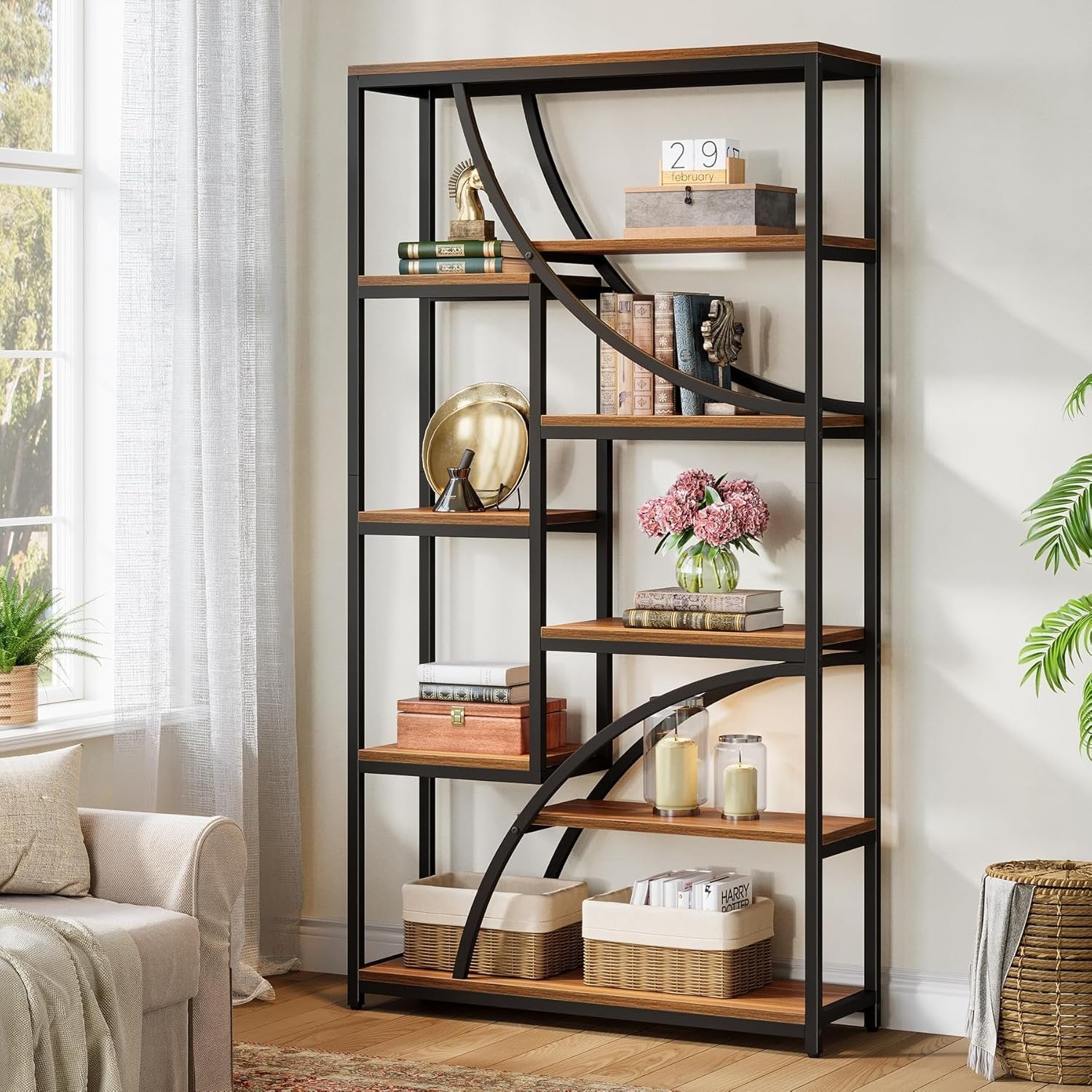 Tribesigns Bibliothèque de style industriel de 180 cm, Étagère métallique à 9 niveaux avec design géométrique
