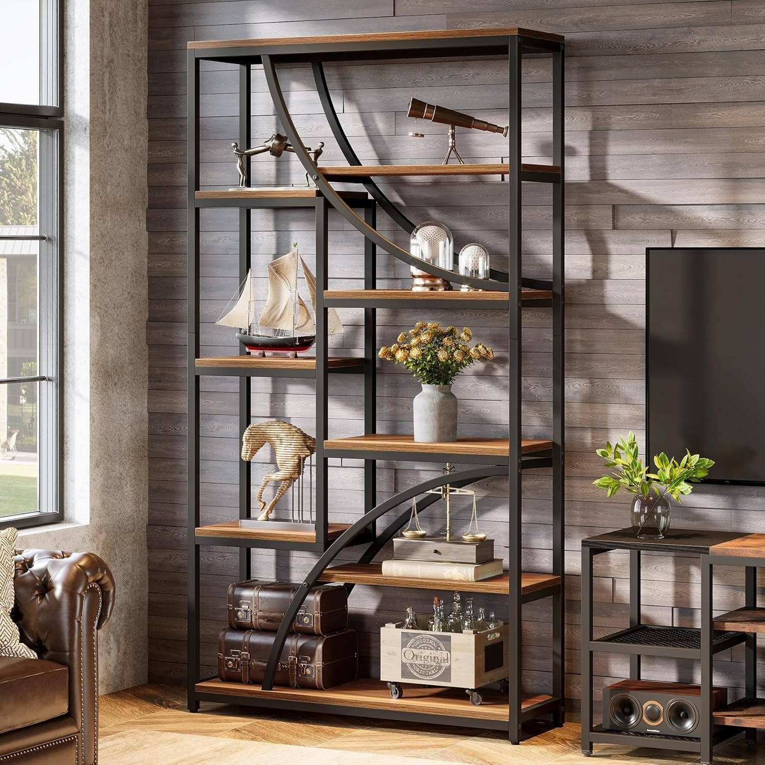 Tribesigns Bibliothèque de style industriel de 180 cm, Étagère métallique à 9 niveaux avec design géométrique