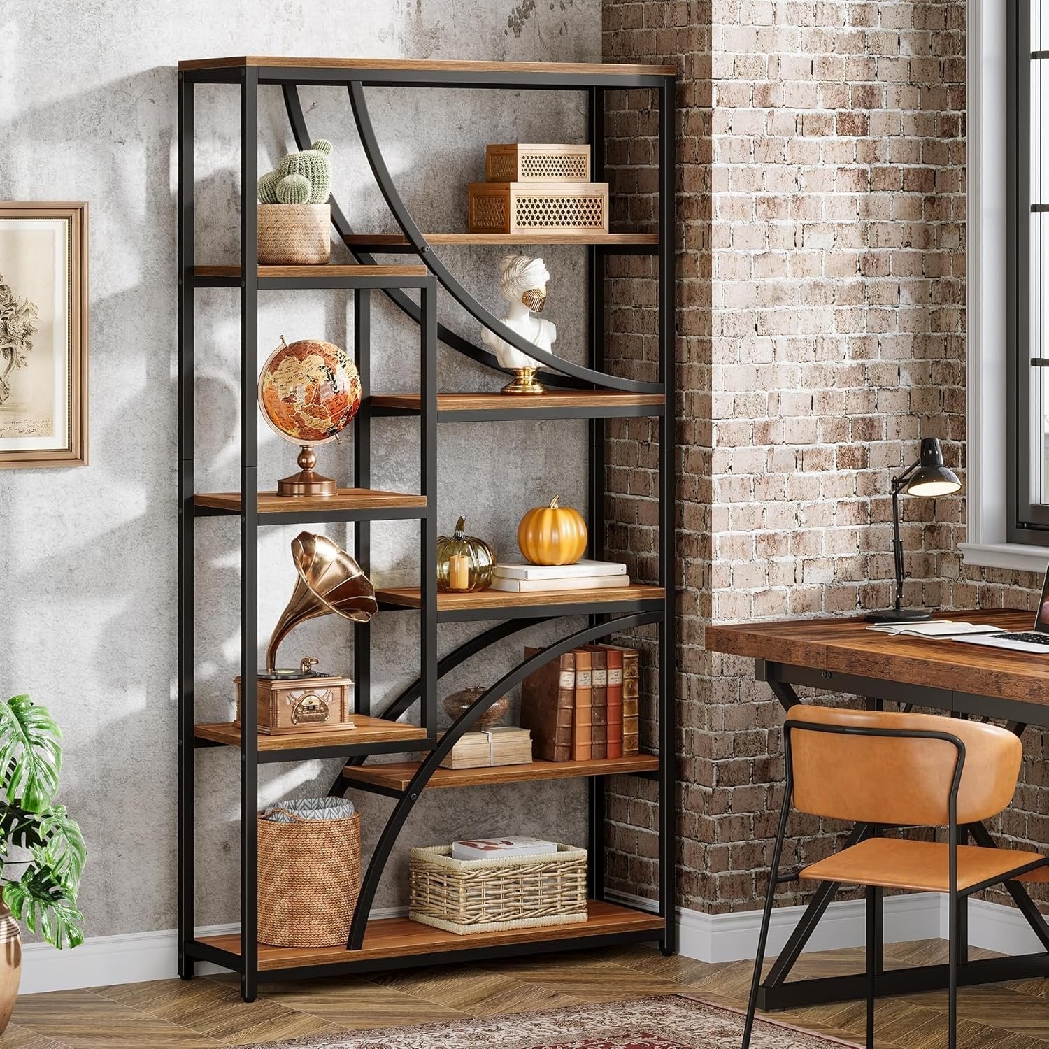 Tribesigns Bibliothèque de style industriel de 180 cm, Étagère métallique à 9 niveaux avec design géométrique