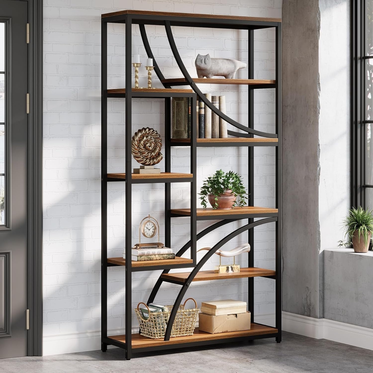 Tribesigns Bibliothèque de style industriel de 180 cm, Étagère métallique à 9 niveaux avec design géométrique