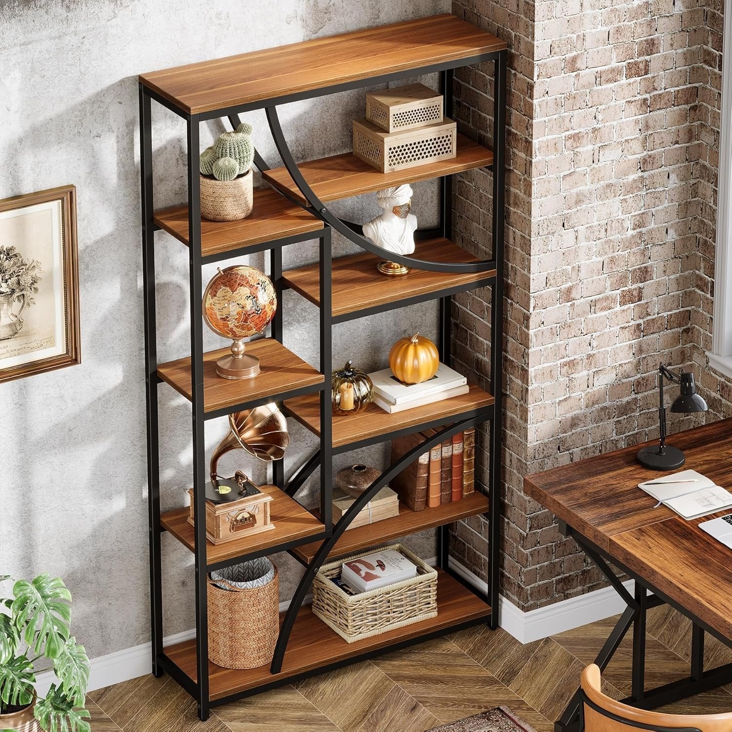 Tribesigns Bibliothèque de style industriel de 180 cm, Étagère métallique à 9 niveaux avec design géométrique