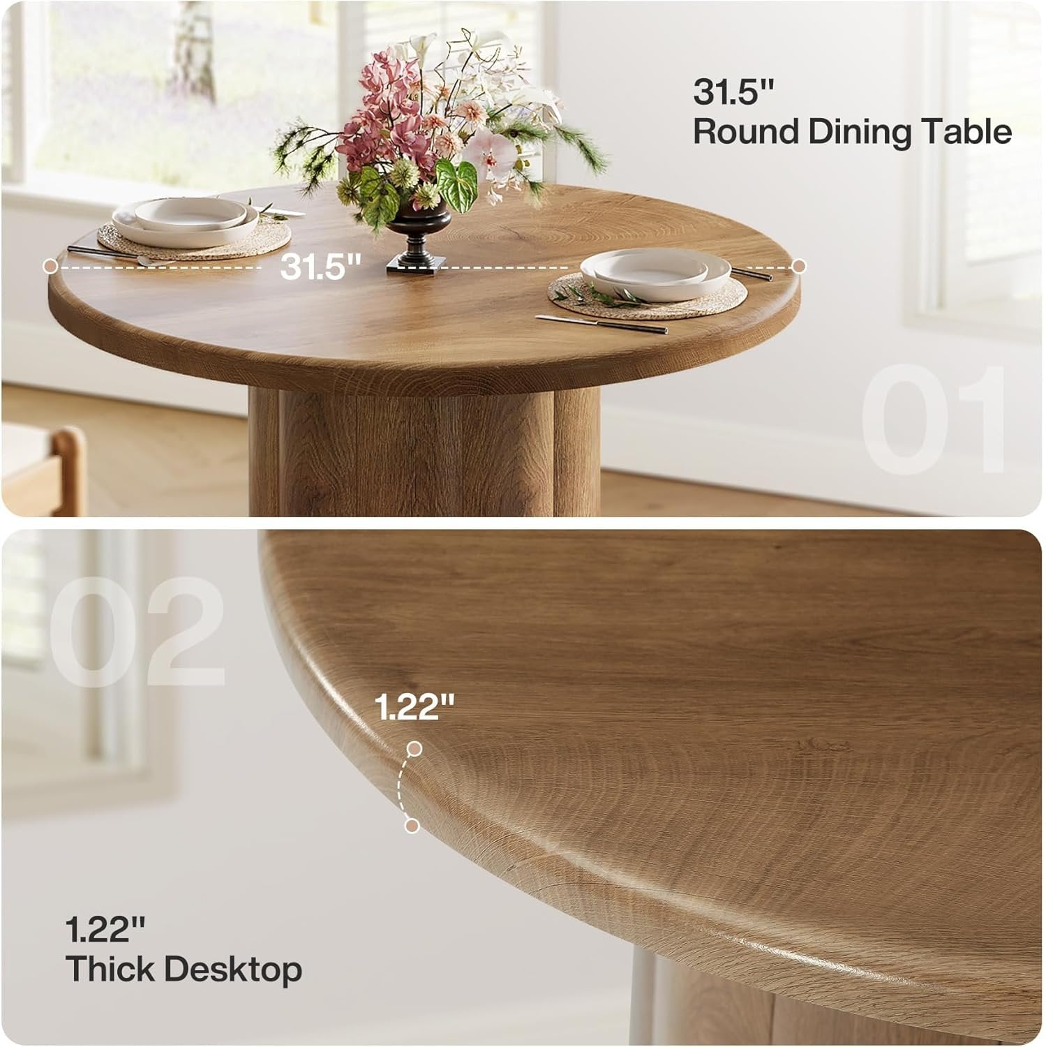 Tribesigns Table à manger ronde de 80 cm pour 2 à 4 personnes, Table de cuisine avec base stable en marron