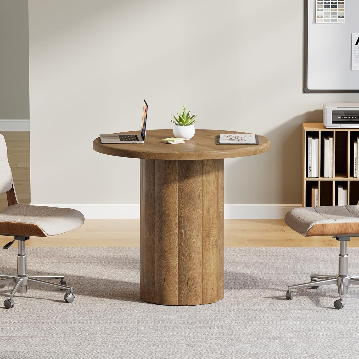 Tribesigns Table de conférence ronde de 80 cm pour 4 personnes, Table de bureau avec base stable en marron
