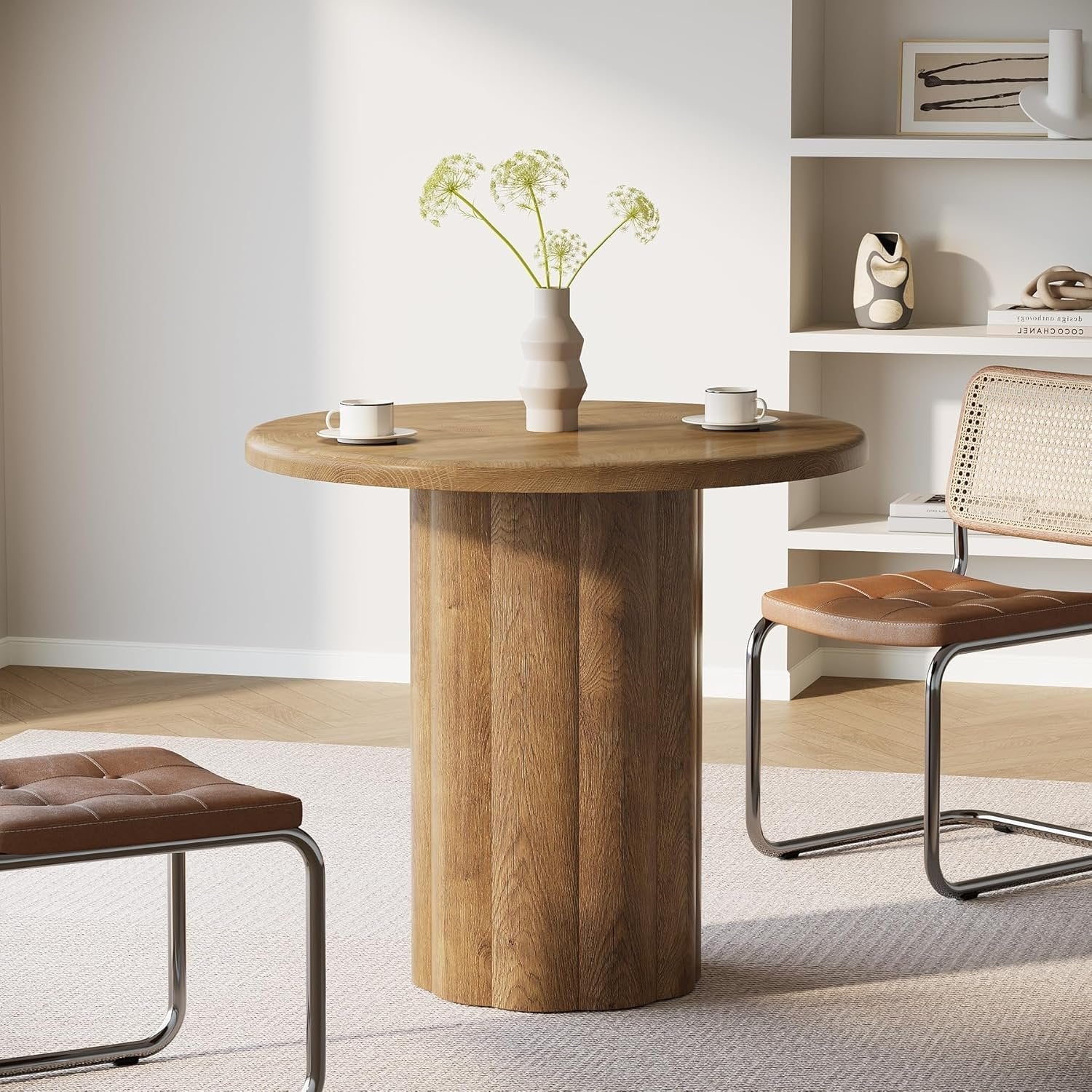 Tribesigns Table de conférence ronde de 80 cm pour 4 personnes, Table de bureau avec base stable en marron