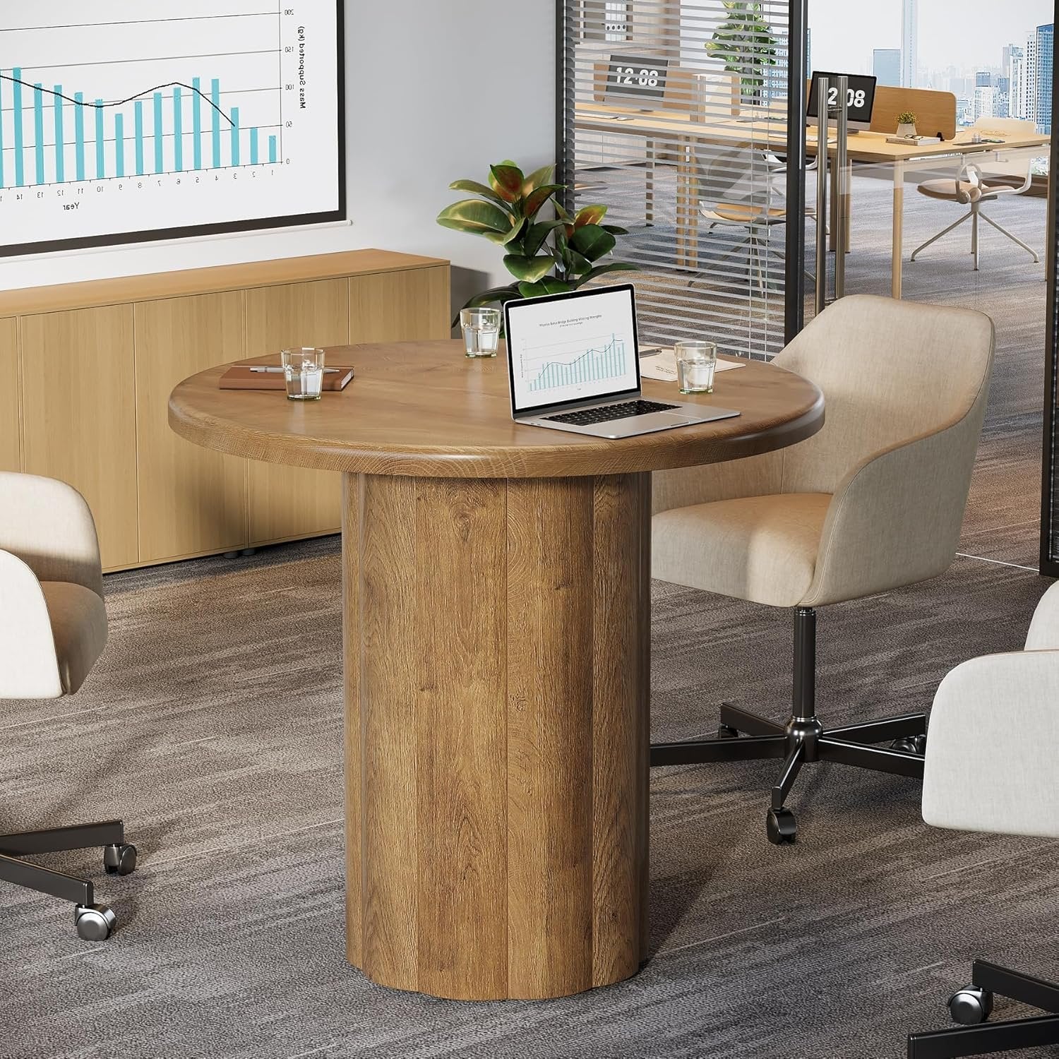 Tribesigns Table de conférence ronde de 80 cm pour 4 personnes, Table de bureau avec base stable en marron