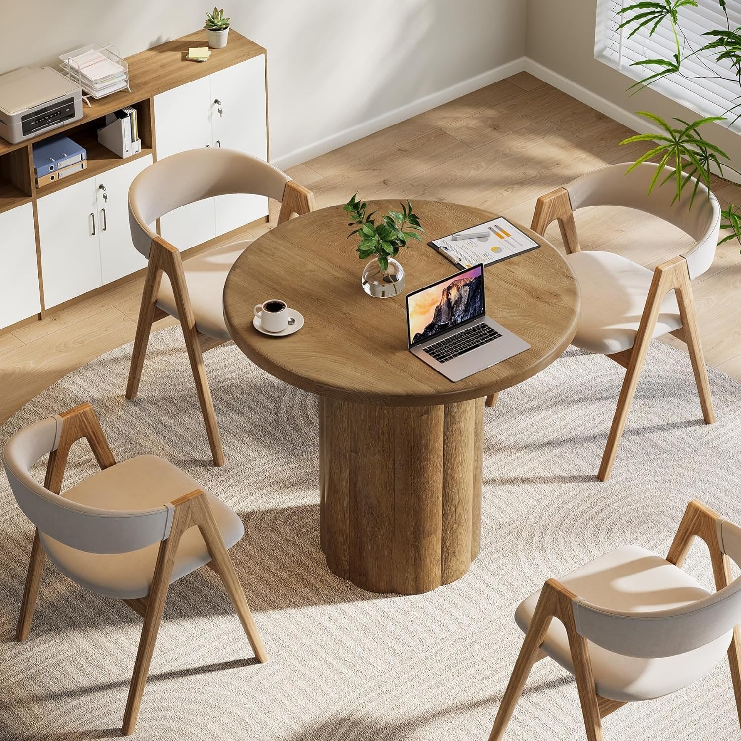 Tribesigns Table de conférence ronde de 80 cm pour 4 personnes, Table de bureau avec base stable en marron