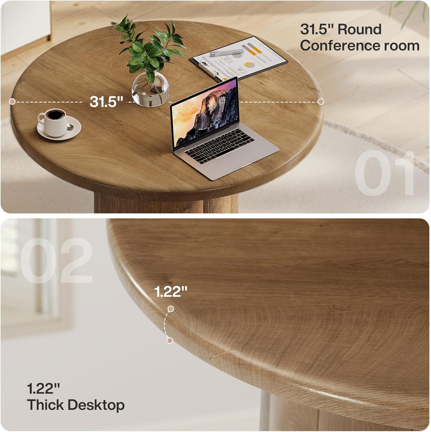 Tribesigns Table de conférence ronde de 80 cm pour 4 personnes, Table de bureau avec base stable en marron