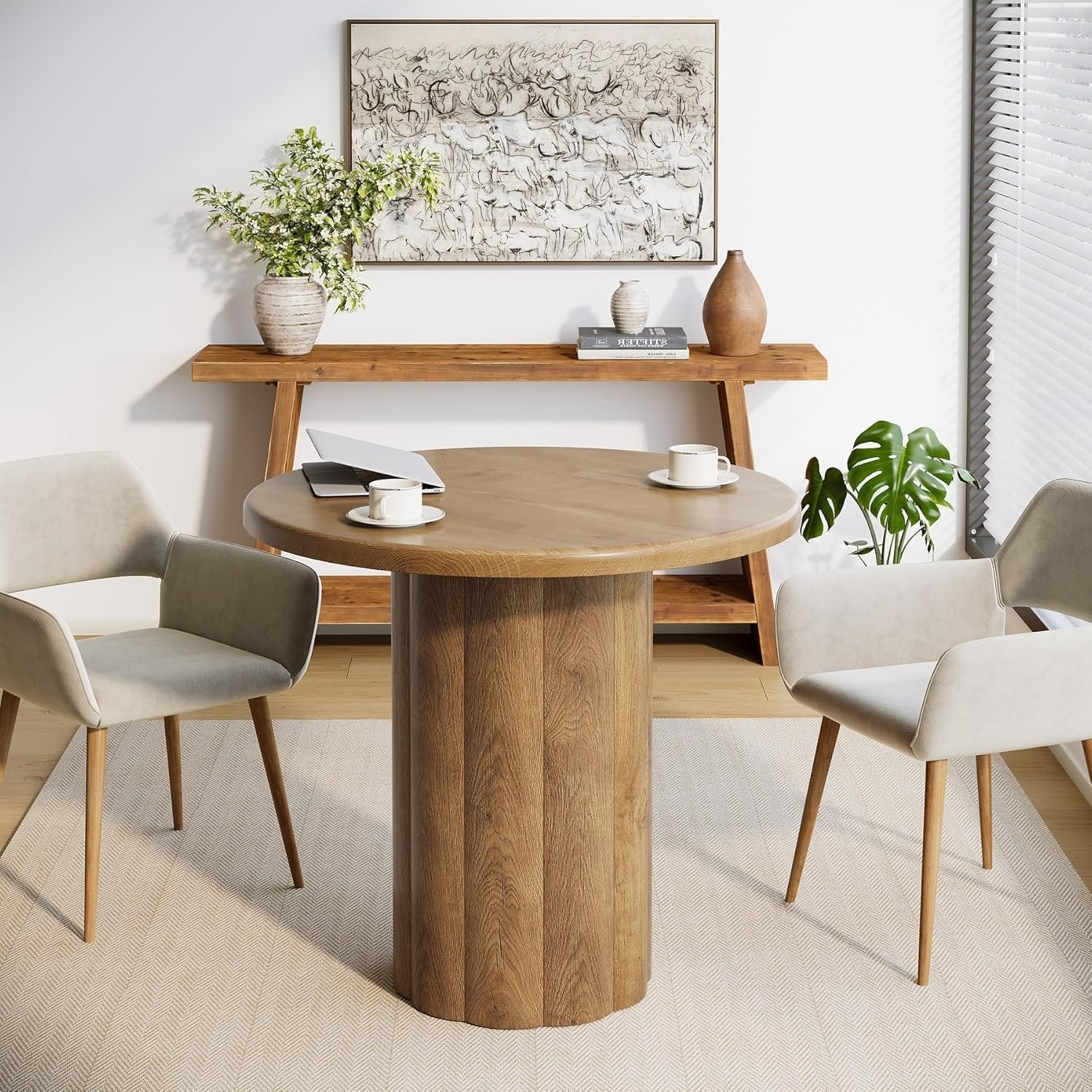 Tribesigns Table de conférence ronde de 80 cm pour 4 personnes, Table de bureau avec base stable en marron