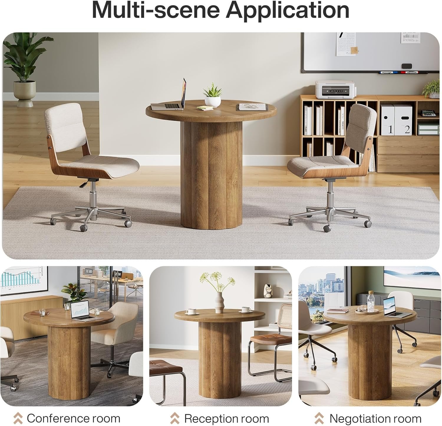 Tribesigns Table de conférence ronde de 80 cm pour 4 personnes, Table de bureau avec base stable en marron
