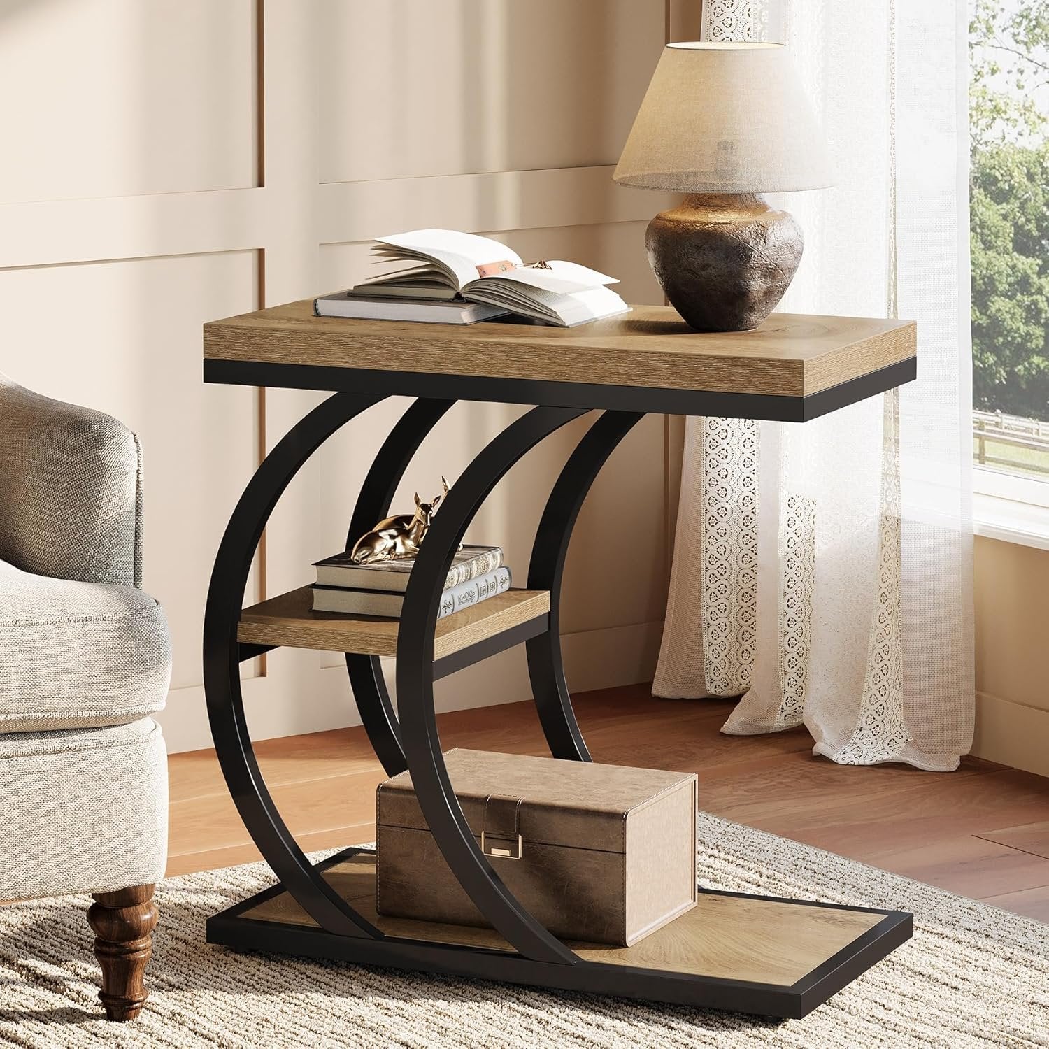 Tribesigns Table d'appoint 3 niveaux 60 cm, Table d'appoint design industriel en forme de C