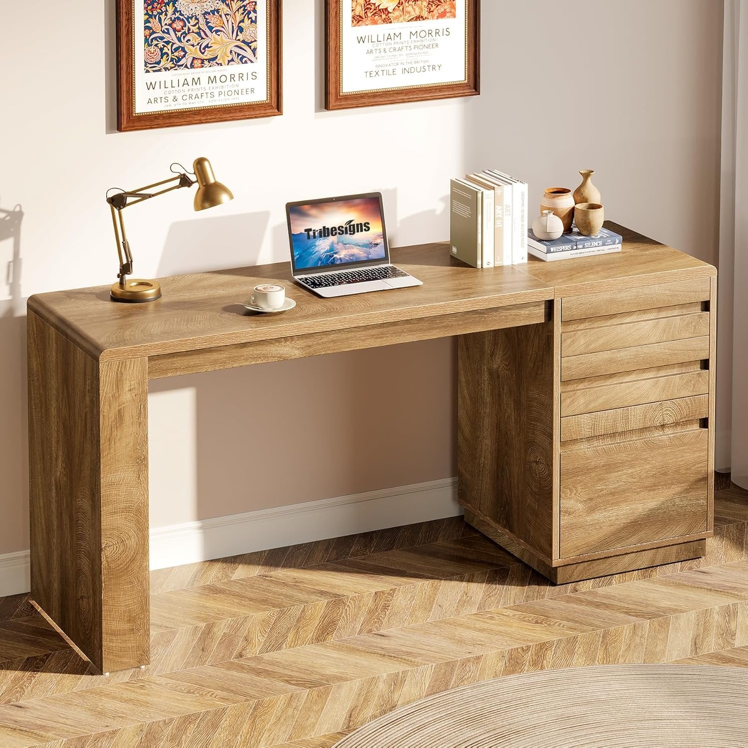 Tribesigns Bureau 140 cm avec 3 tiroirs, Bureau d'ordinateur style maison de campagne avec caisson de rangement réglable