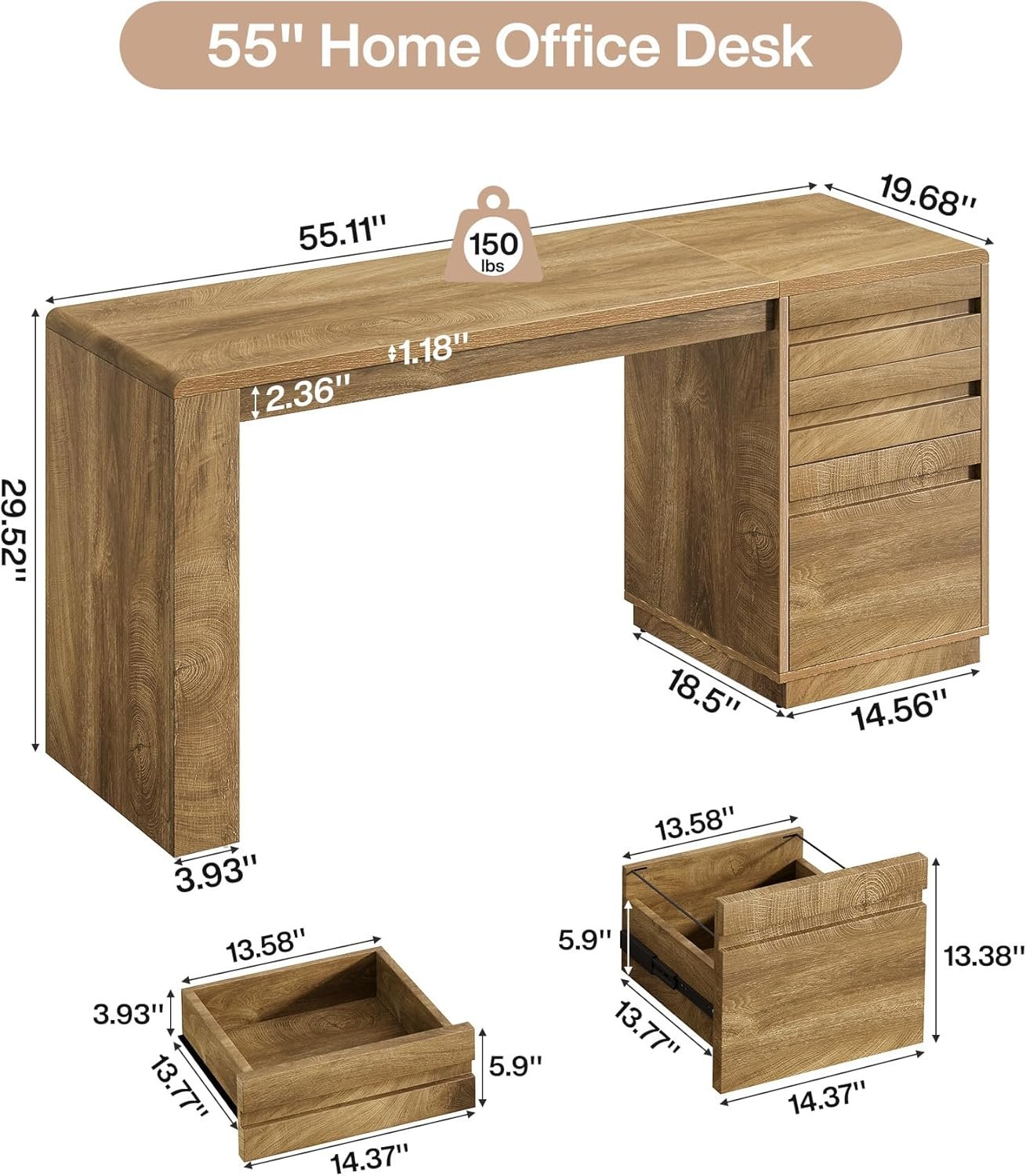 Tribesigns Bureau 140 cm avec 3 tiroirs, Bureau d'ordinateur style maison de campagne avec caisson de rangement réglable