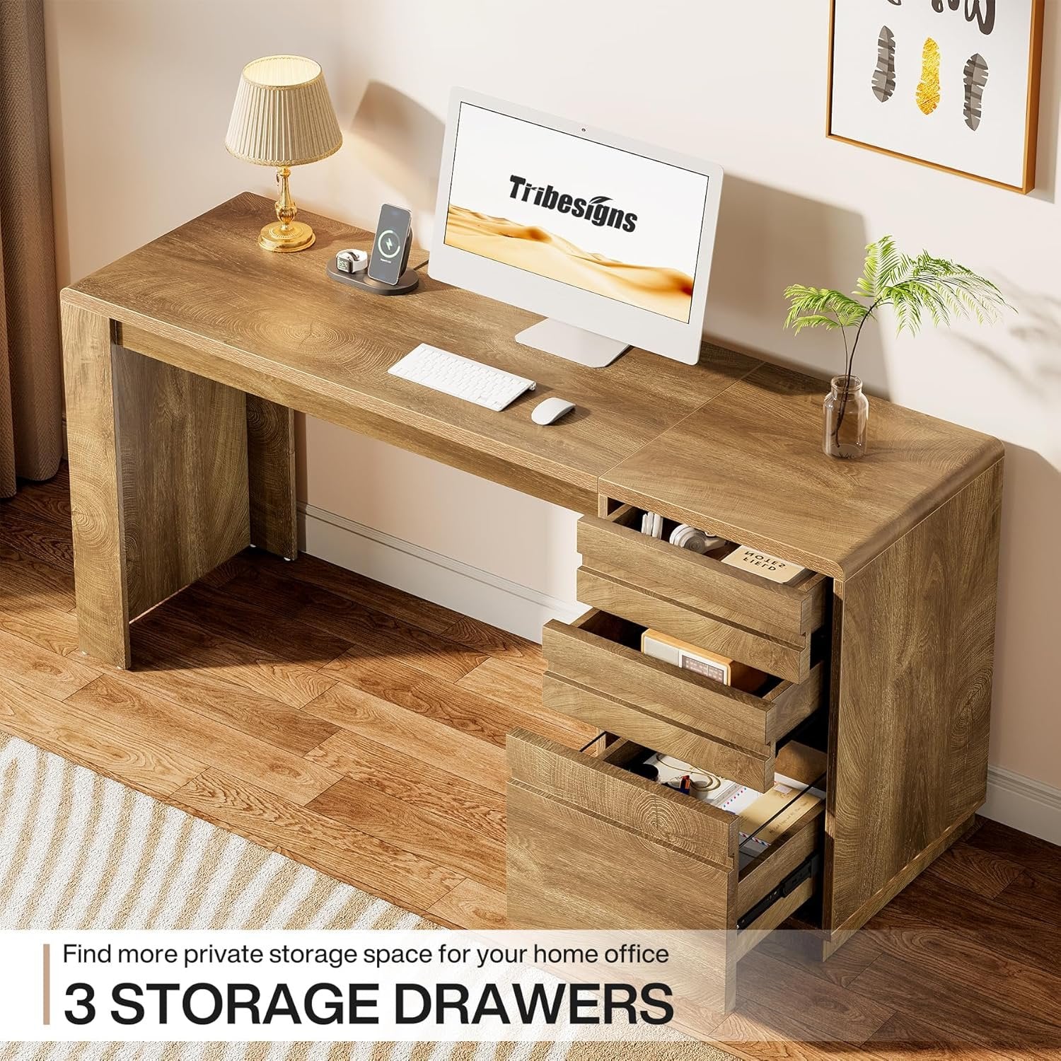 Tribesigns Bureau 140 cm avec 3 tiroirs, Bureau d'ordinateur style maison de campagne avec caisson de rangement réglable
