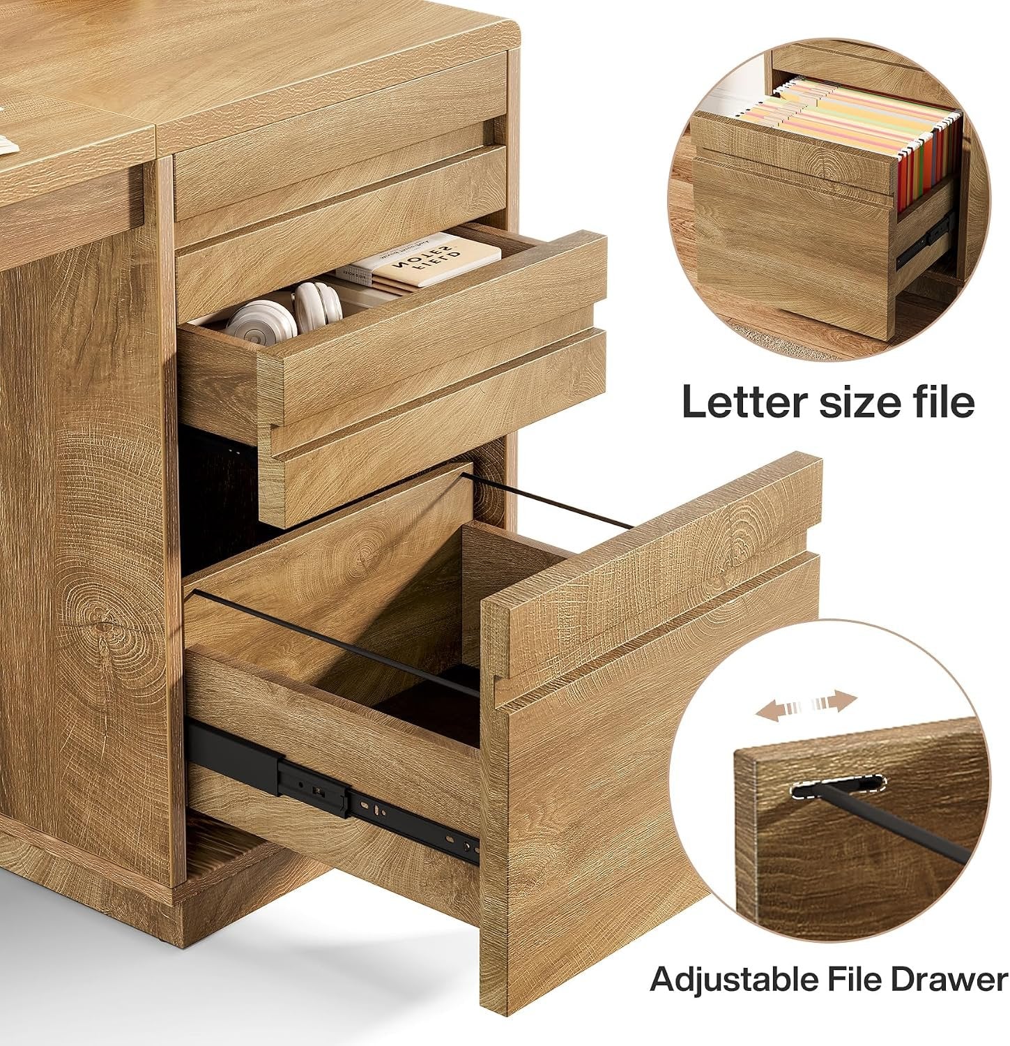 Tribesigns Bureau 140 cm avec 3 tiroirs, Bureau d'ordinateur style maison de campagne avec caisson de rangement réglable