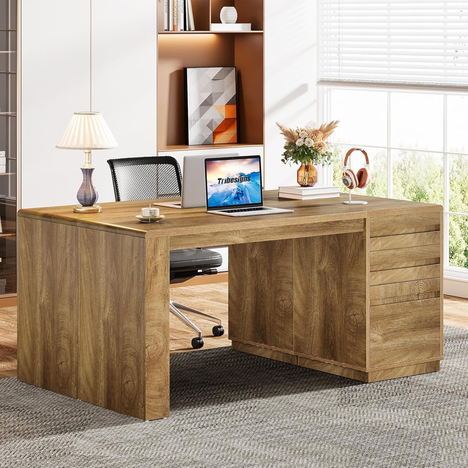 Tribesigns Bureau 140 cm avec 3 tiroirs, Bureau d'ordinateur style maison de campagne avec caisson de rangement réglable