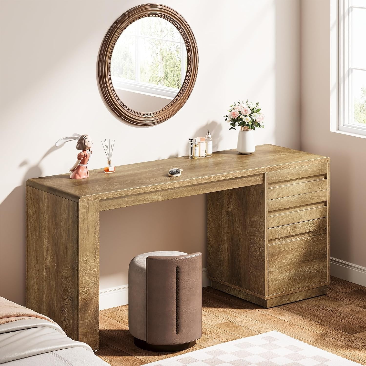 Tribesigns Bureau 140 cm avec 3 tiroirs, Bureau d'ordinateur style maison de campagne avec caisson de rangement réglable