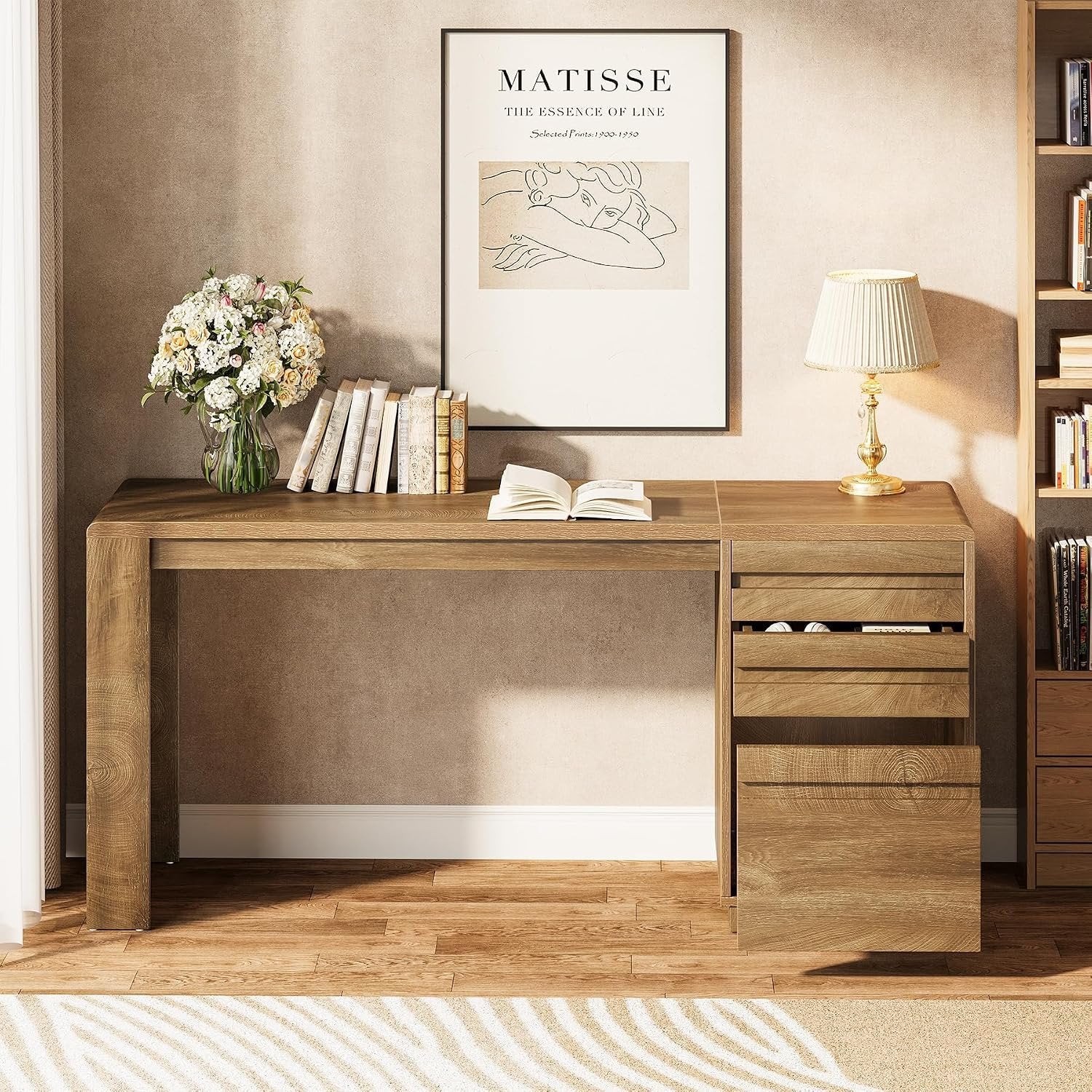 Tribesigns Bureau 140 cm avec 3 tiroirs, Bureau d'ordinateur style maison de campagne avec caisson de rangement réglable