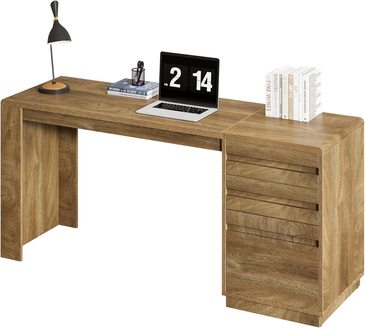 Tribesigns Bureau 140 cm avec 3 tiroirs, Bureau d'ordinateur style maison de campagne avec caisson de rangement réglable