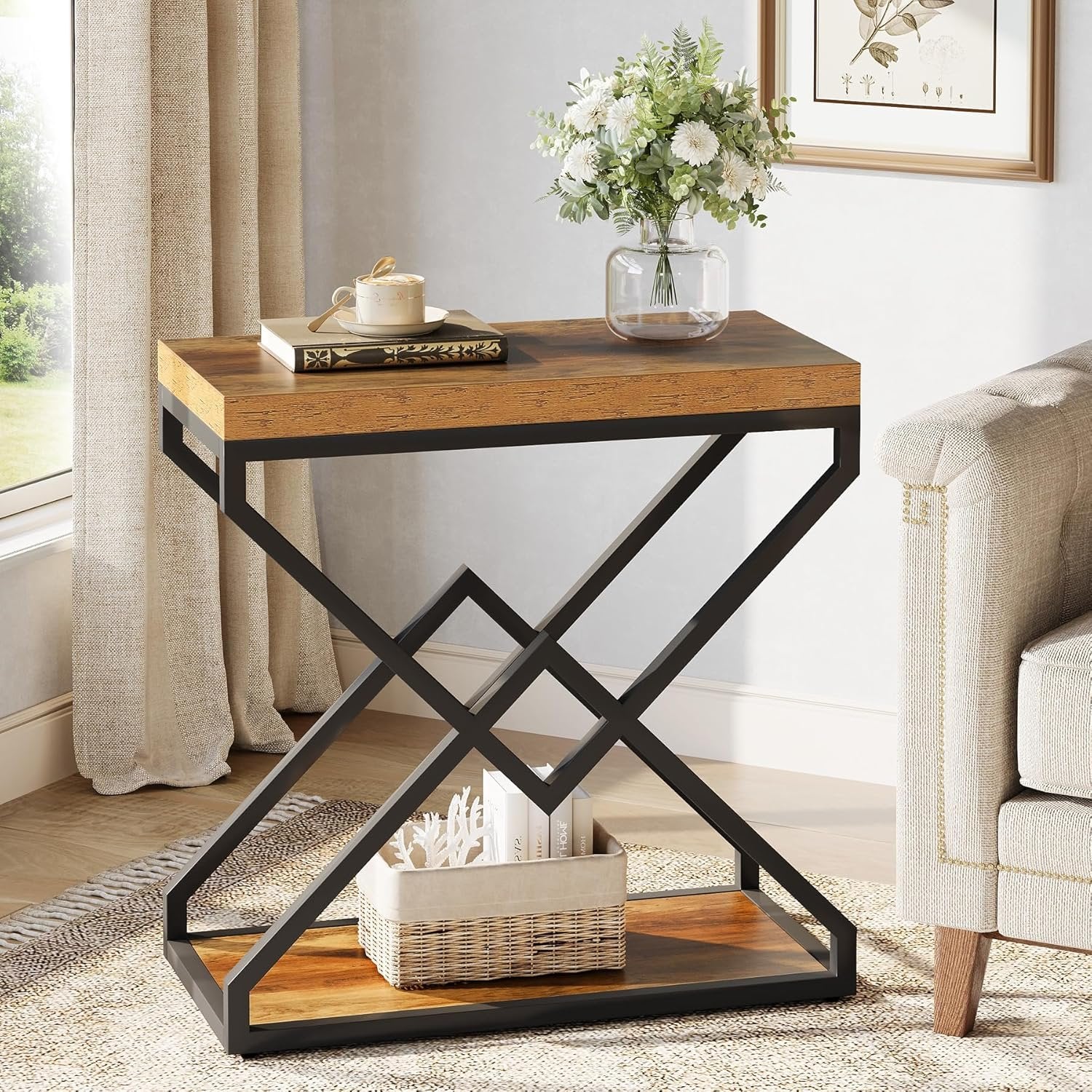 Tribesigns Table d'appoint moderne avec espace de rangement, Structure métallique robuste en forme de X
