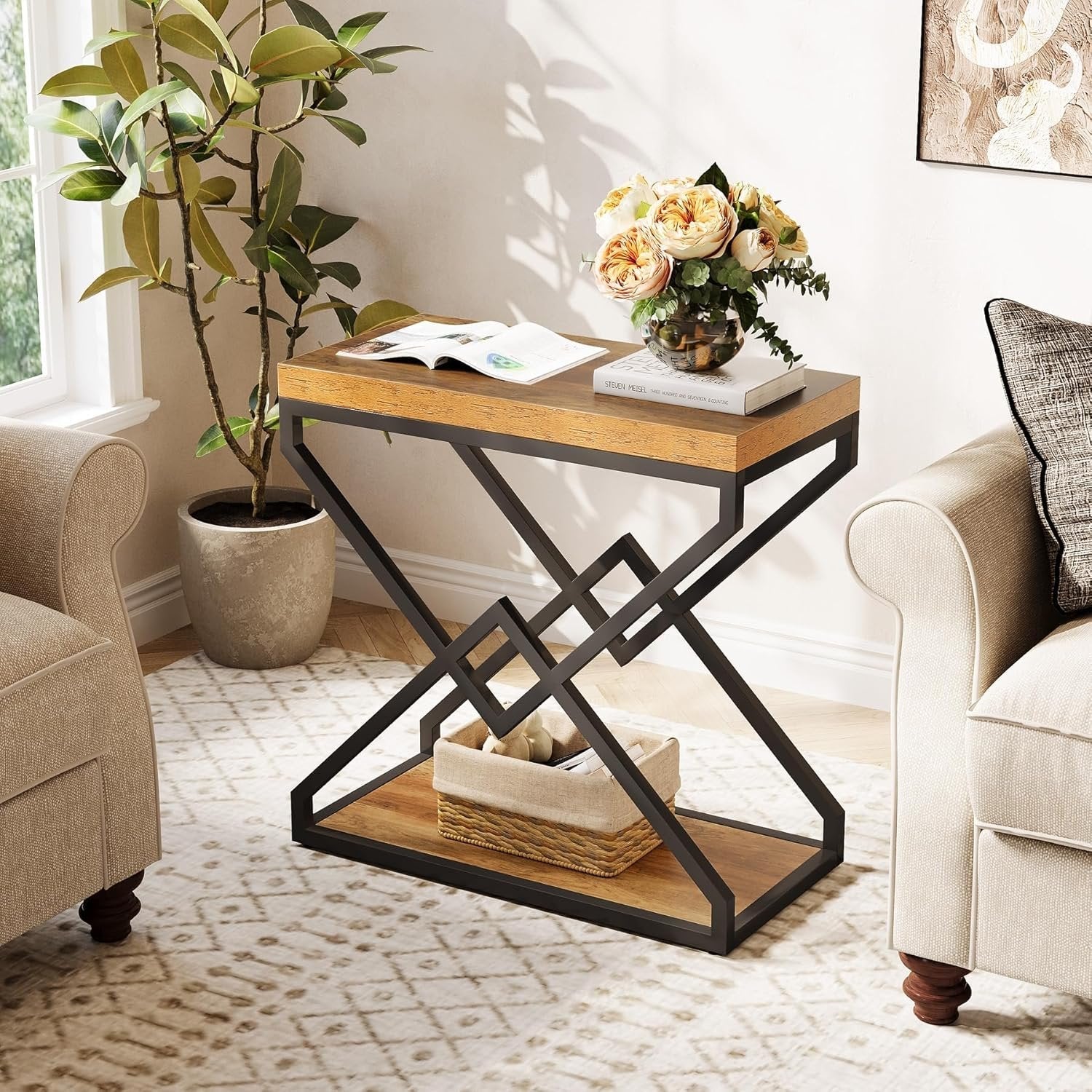 Tribesigns Table d'appoint moderne avec espace de rangement, Structure métallique robuste en forme de X