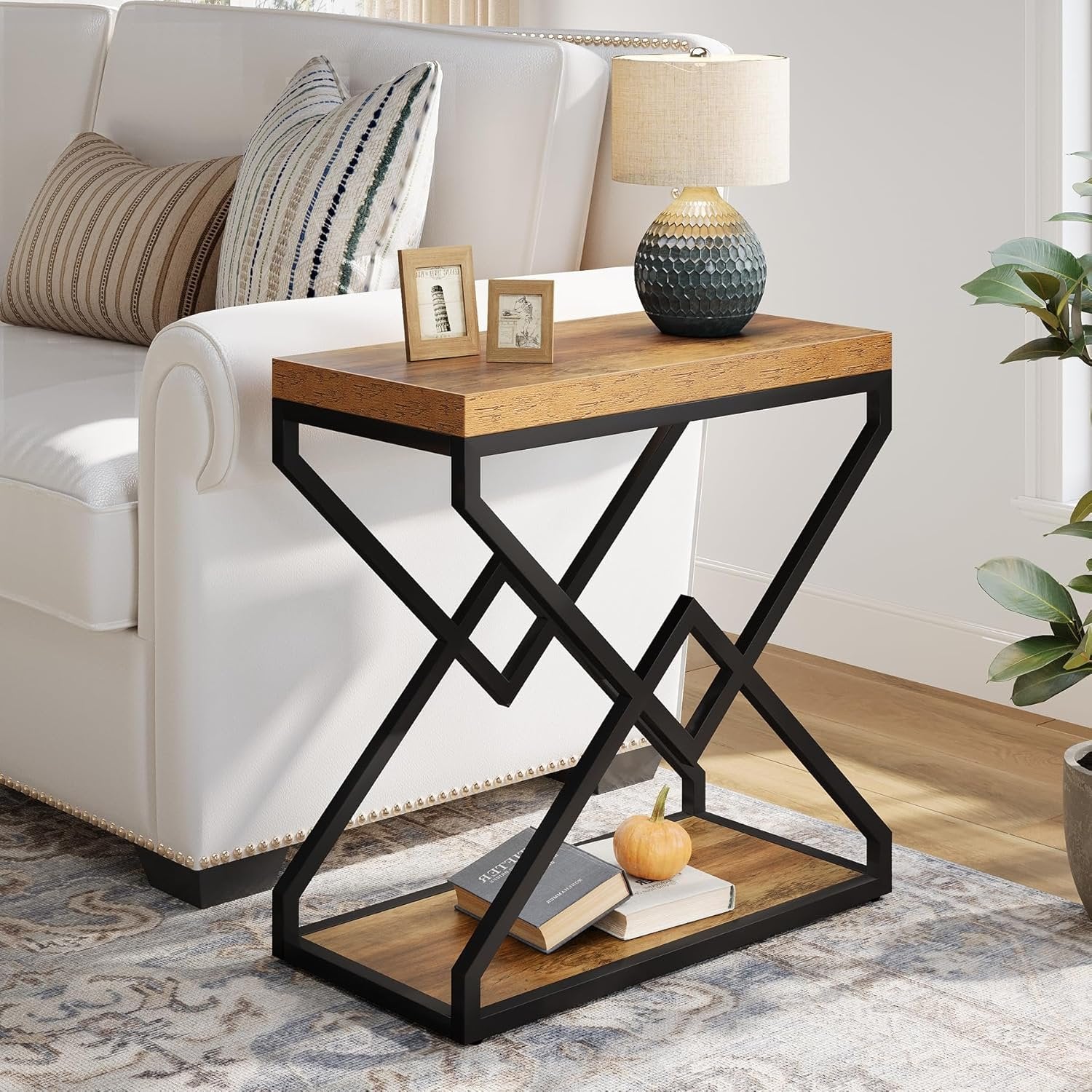 Tribesigns Table d'appoint moderne avec espace de rangement, Structure métallique robuste en forme de X