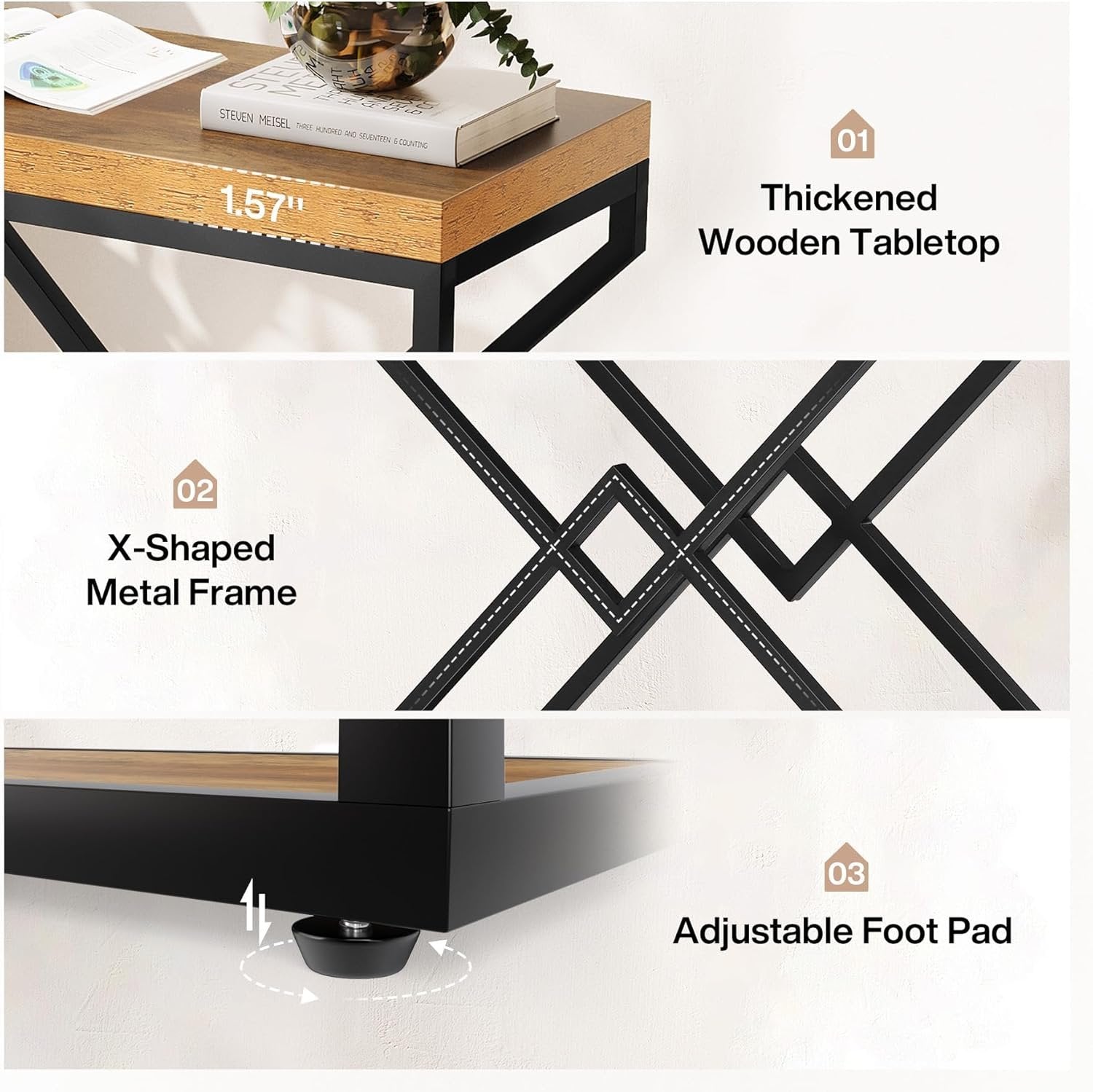 Tribesigns Table d'appoint moderne avec espace de rangement, Structure métallique robuste en forme de X