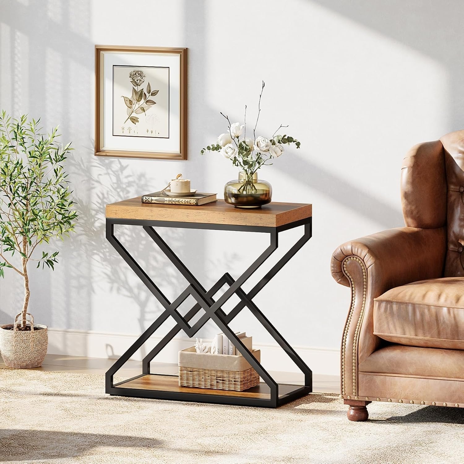 Tribesigns Table d'appoint moderne avec espace de rangement, Structure métallique robuste en forme de X