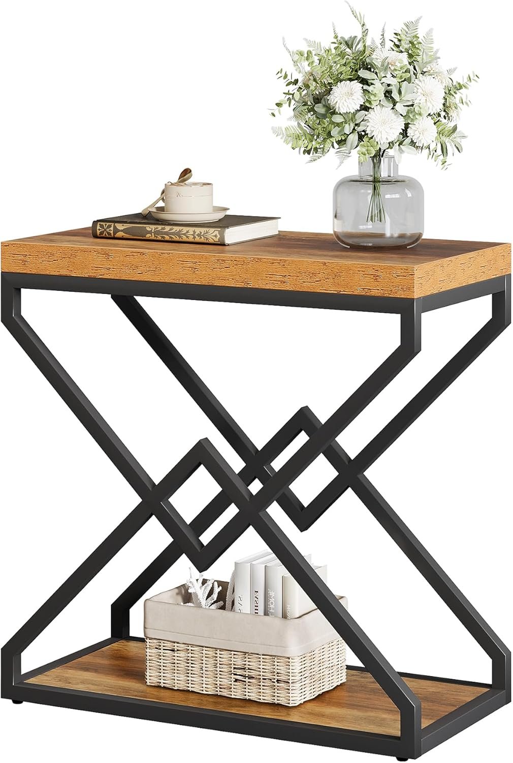 Tribesigns Table d'appoint moderne avec espace de rangement, Structure métallique robuste en forme de X