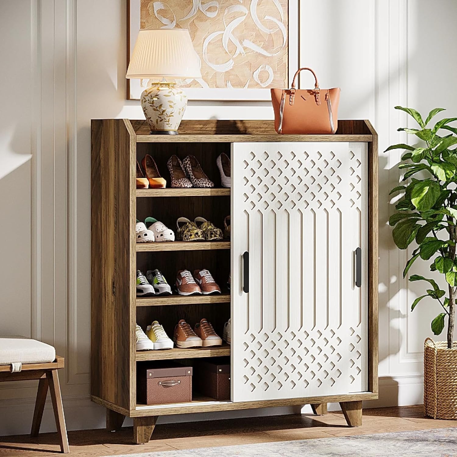 Tribesigns Meuble à chaussures en bois avec portes coulissantes, Organisateur de chaussures moderne pour l'entrée