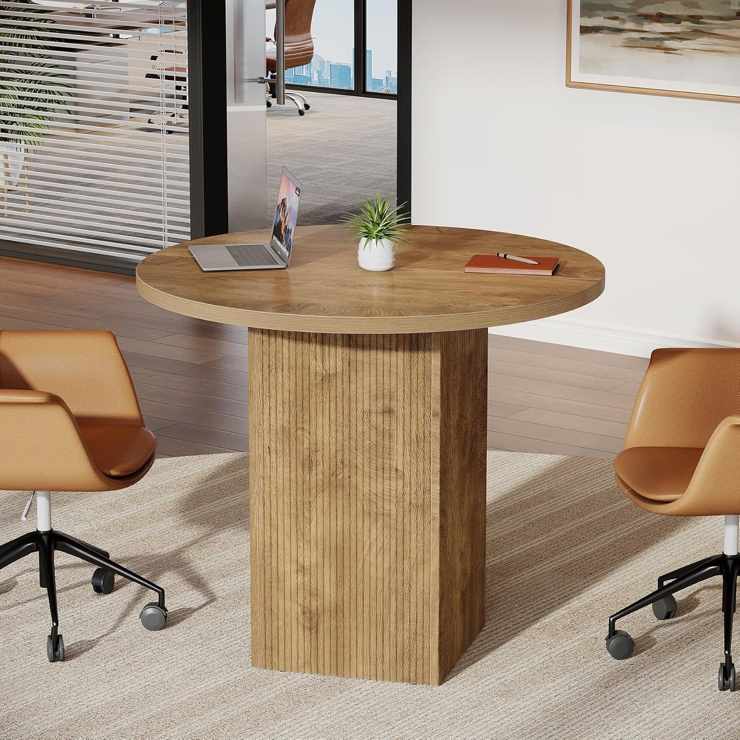 Tribesigns Table de conférence ronde de 80 cm, Table de bureau avec base nervurée en marron pour les petits espaces