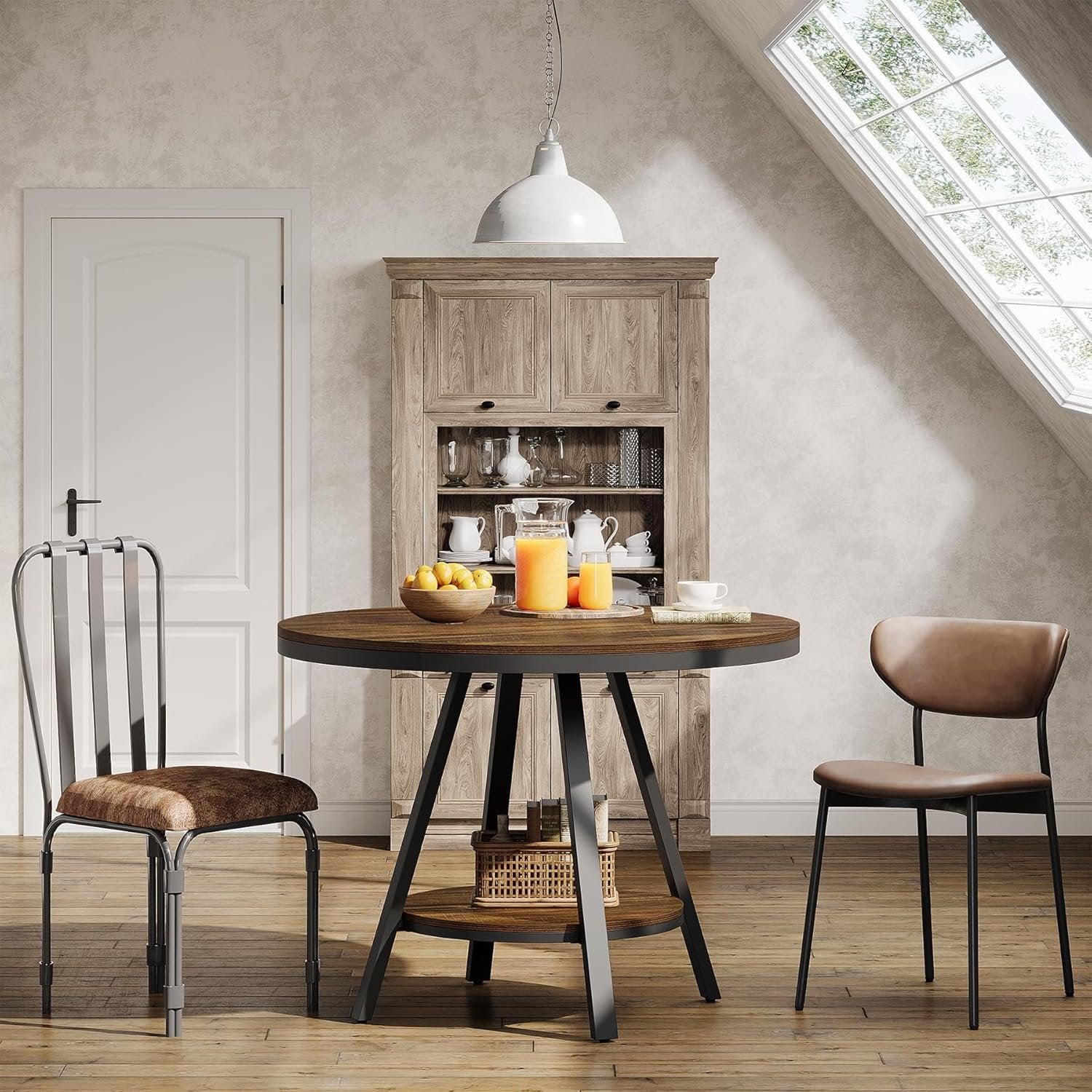 Tribesigns Table de salle à manger ronde pour 2 à 4 personnes, Table de cuisine industrielle à 2 niveaux avec piètement en métal robuste