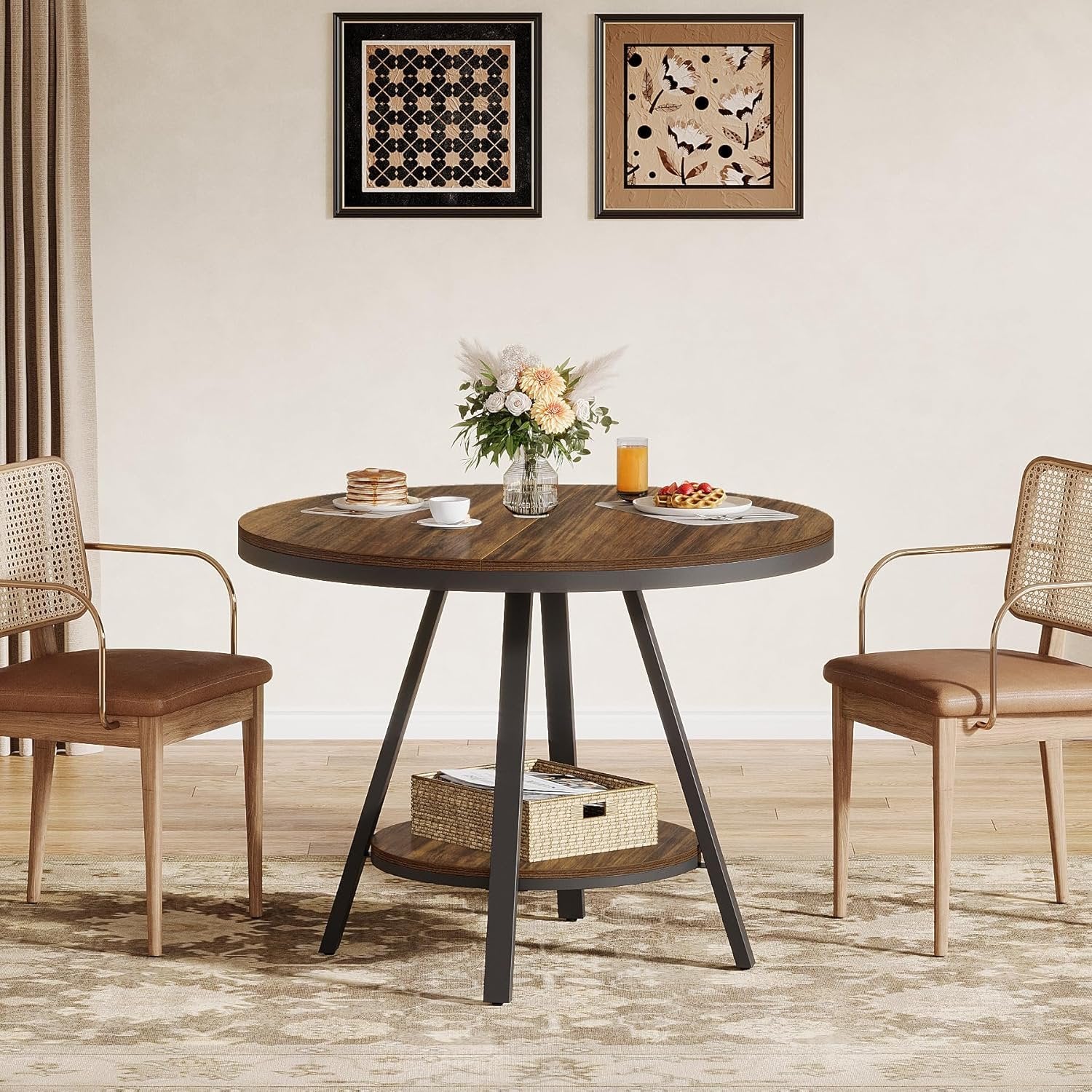 Tribesigns Table de salle à manger ronde pour 2 à 4 personnes, Table de cuisine industrielle à 2 niveaux avec piètement en métal robuste