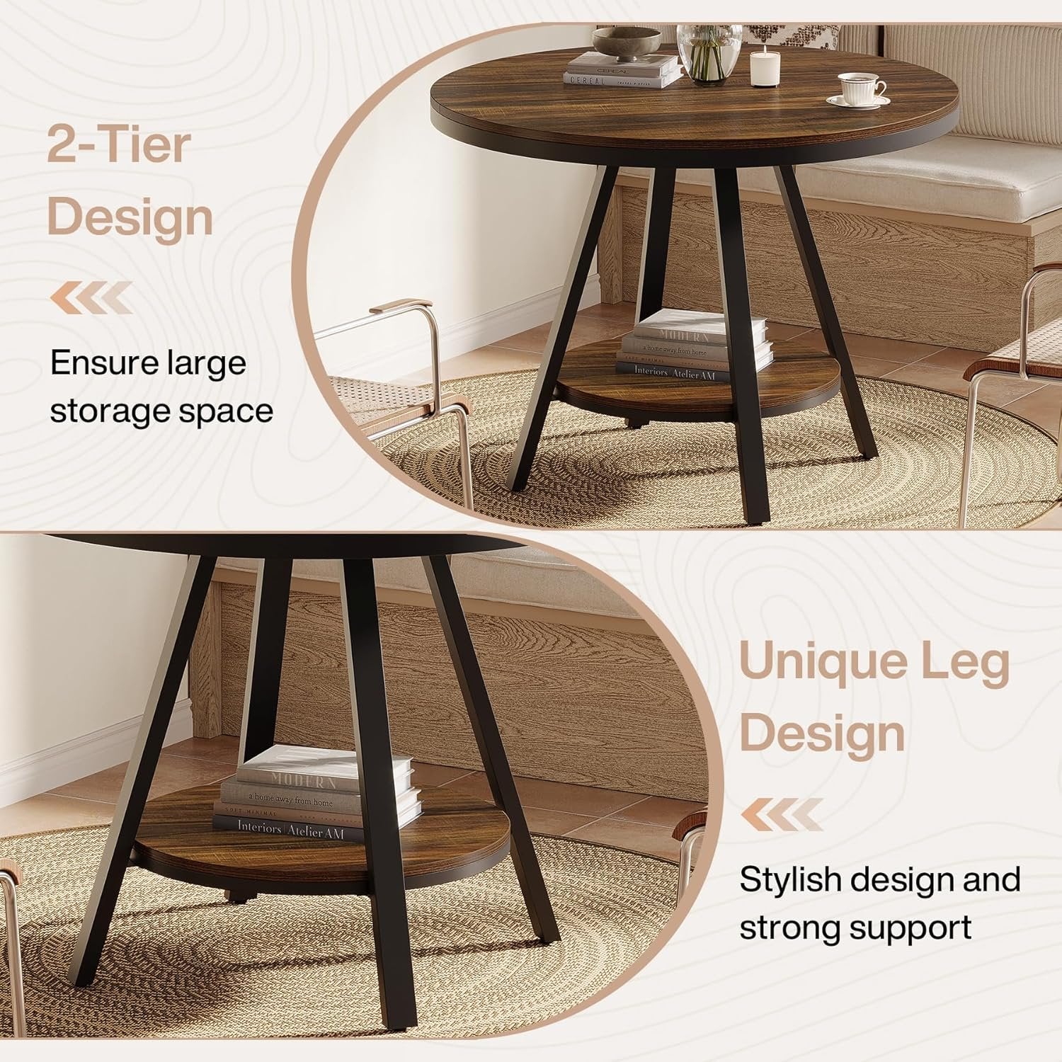 Tribesigns Table de salle à manger ronde pour 2 à 4 personnes, Table de cuisine industrielle à 2 niveaux avec piètement en métal robuste