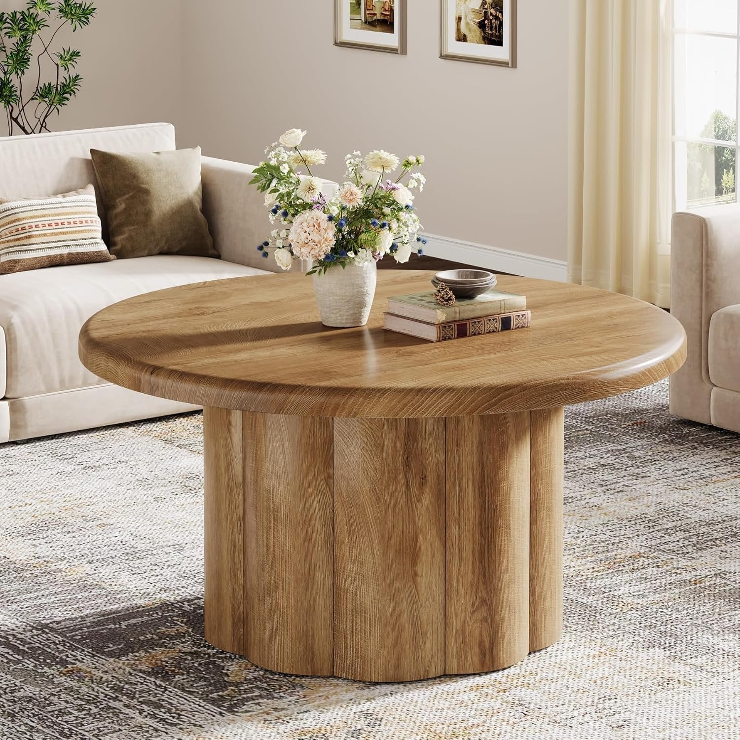 Tribesigns Table basse ronde de 80 cm, Table de salon au design maison de campagne avec base nervurée en marron