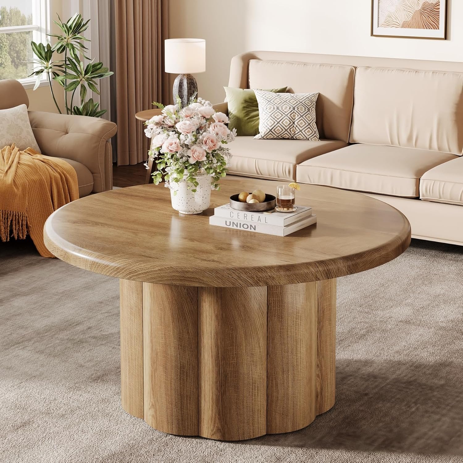 Tribesigns Table basse ronde de 80 cm, Table de salon au design maison de campagne avec base nervurée en marron