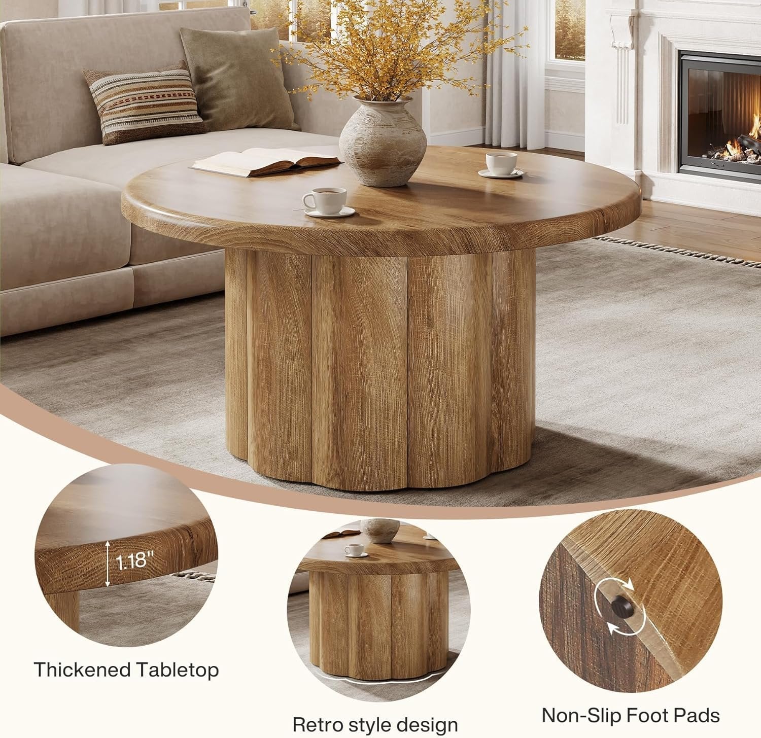 Tribesigns Table basse ronde de 80 cm, Table de salon au design maison de campagne avec base nervurée en marron
