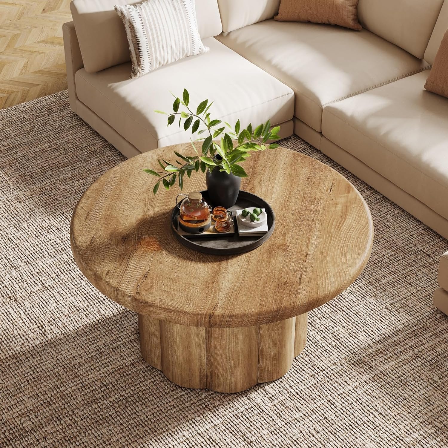 Tribesigns Table basse ronde de 80 cm, Table de salon au design maison de campagne avec base nervurée en marron