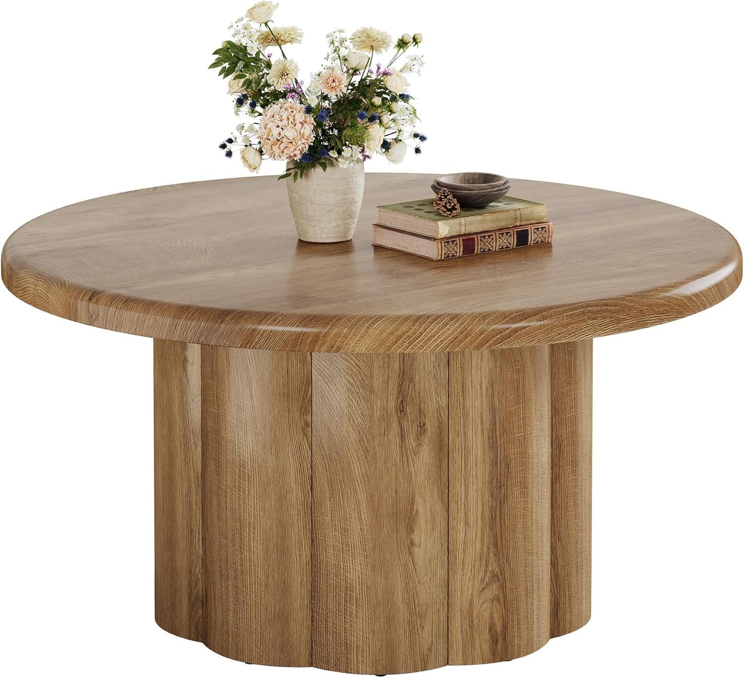 Tribesigns Table basse ronde de 80 cm, Table de salon au design maison de campagne avec base nervurée en marron