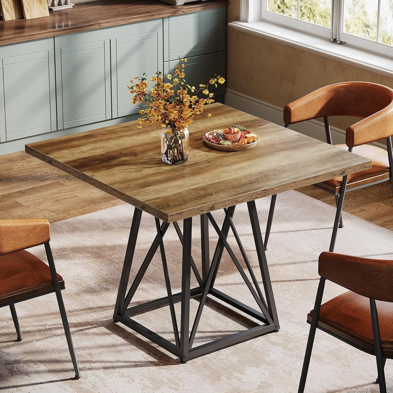 Tribesigns Table à manger de 90 cm pour 4 personnes, Table de campagne carrée avec structure en métal marron-noir