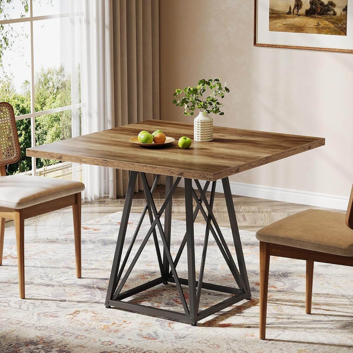 Tribesigns Table à manger de 90 cm pour 4 personnes, Table de campagne carrée avec structure en métal marron-noir