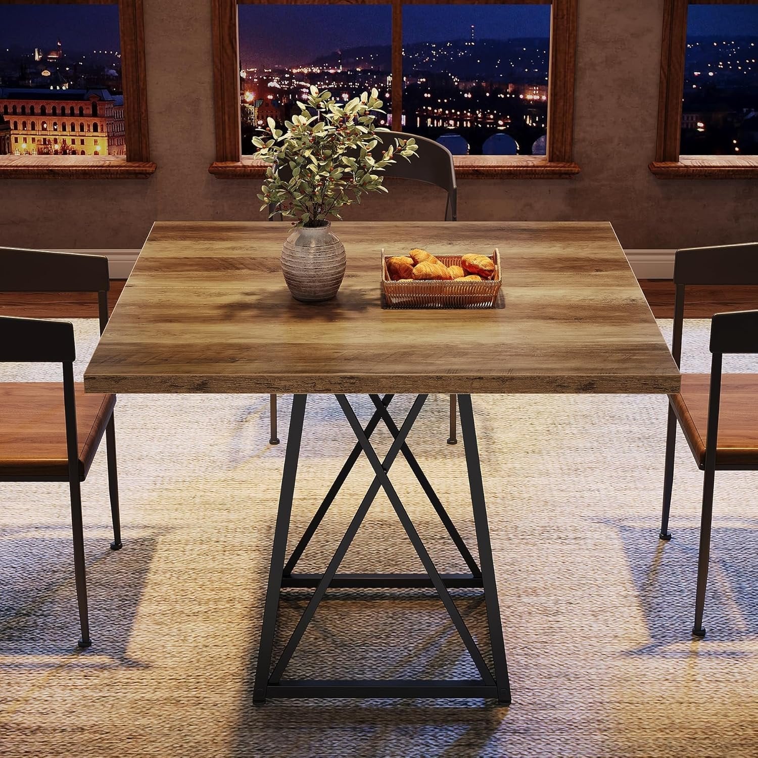 Tribesigns Table à manger de 90 cm pour 4 personnes, Table de campagne carrée avec structure en métal marron-noir