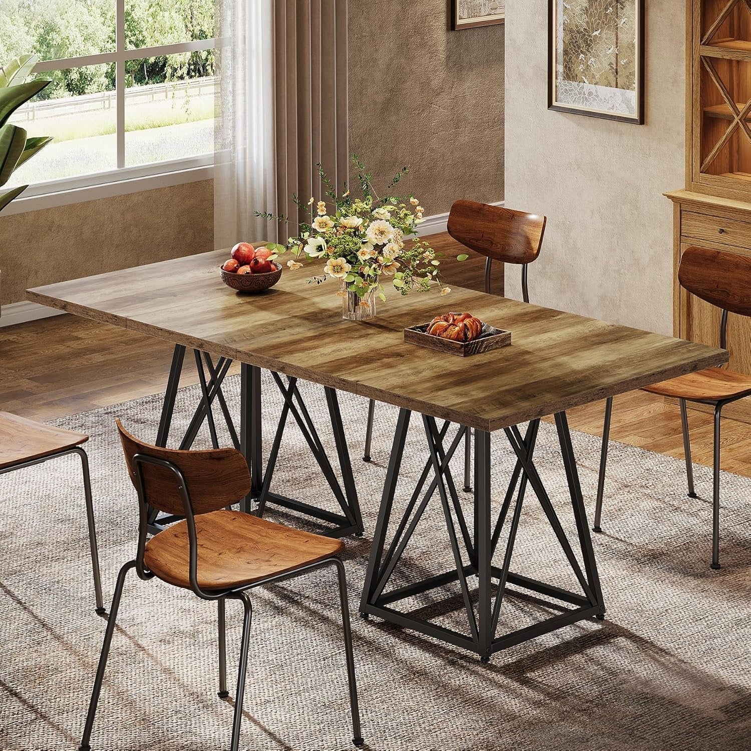 Tribesigns Table à manger de 90 cm pour 4 personnes, Table de campagne carrée avec structure en métal marron-noir