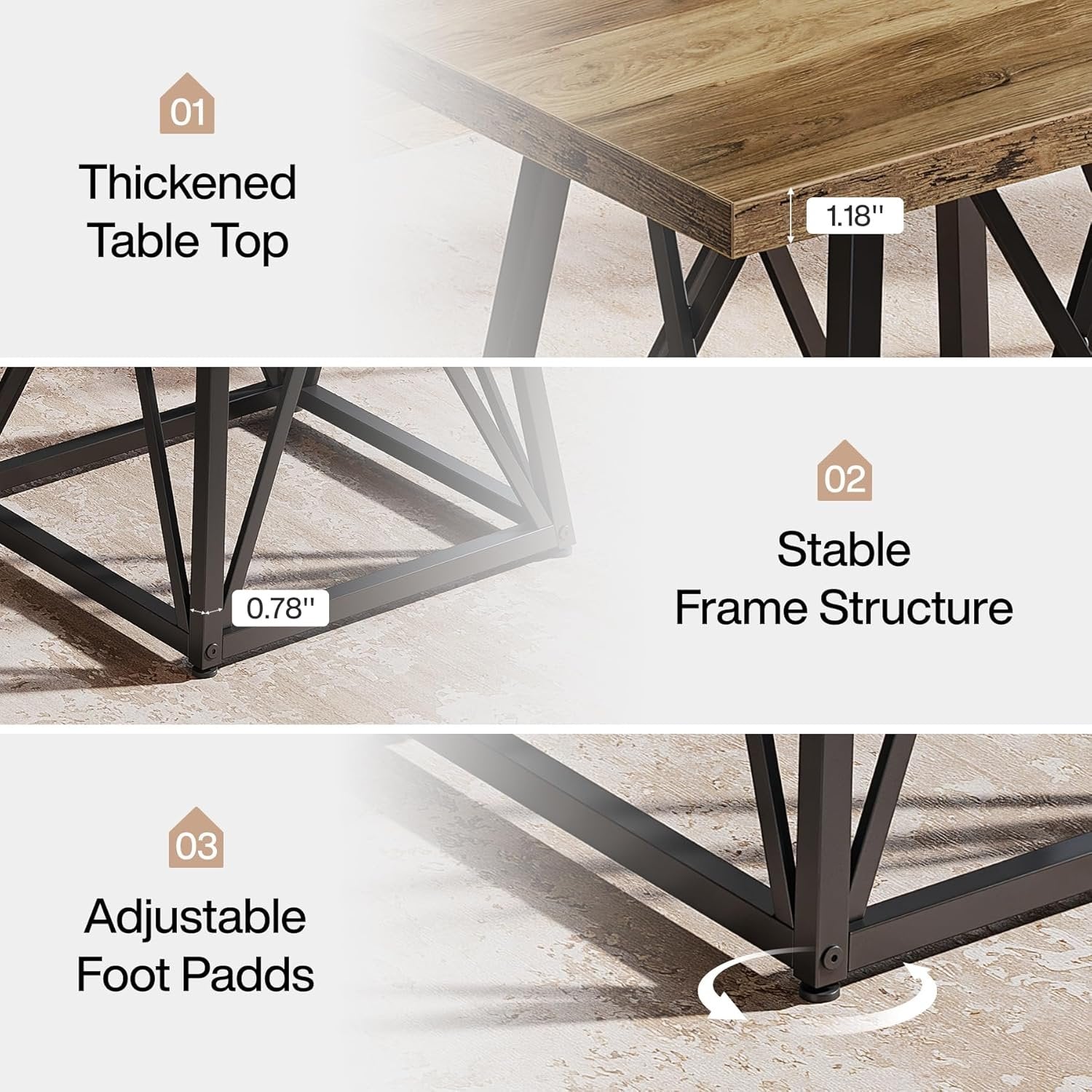Tribesigns Table à manger de 90 cm pour 4 personnes, Table de campagne carrée avec structure en métal marron-noir