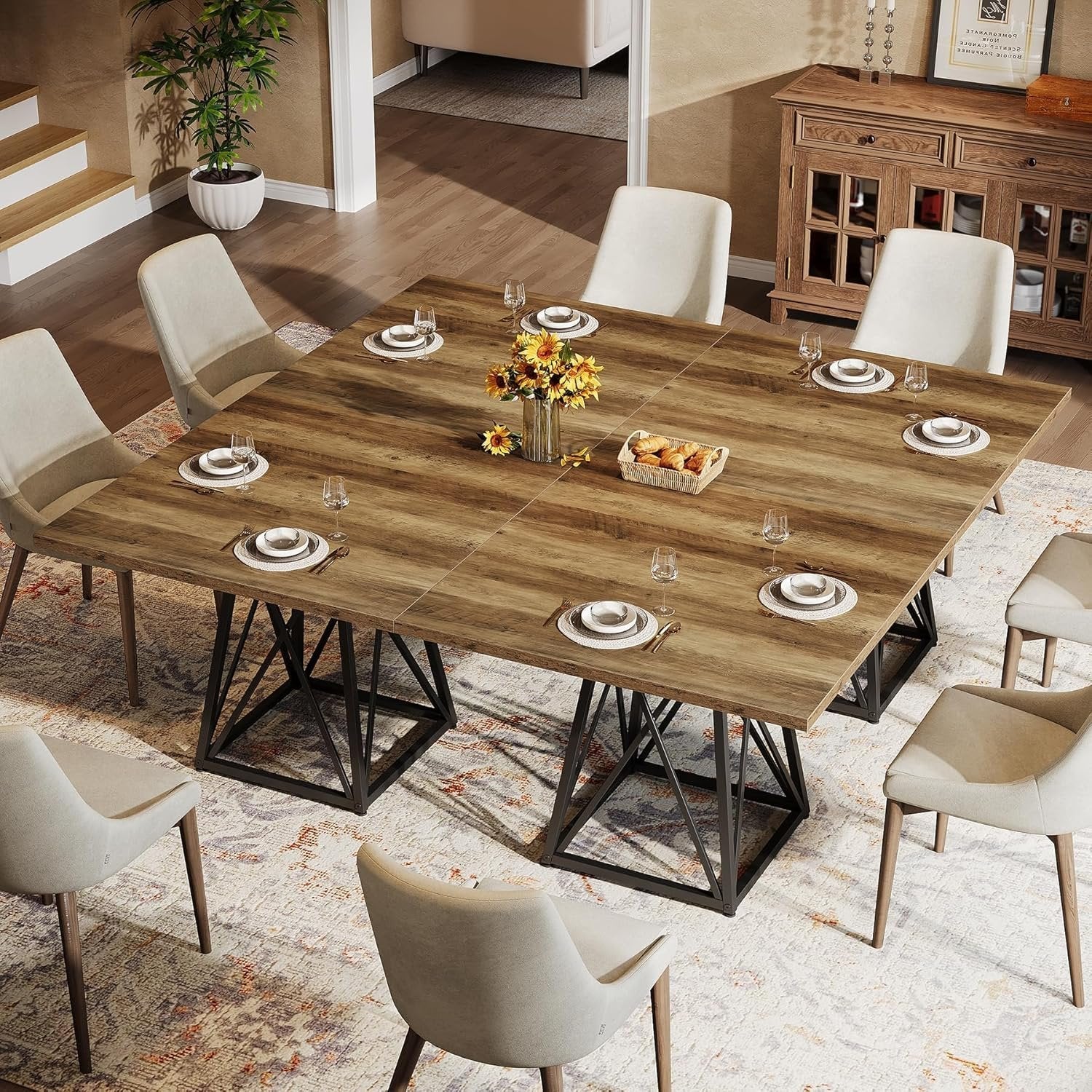 Tribesigns Table à manger de 90 cm pour 4 personnes, Table de campagne carrée avec structure en métal marron-noir