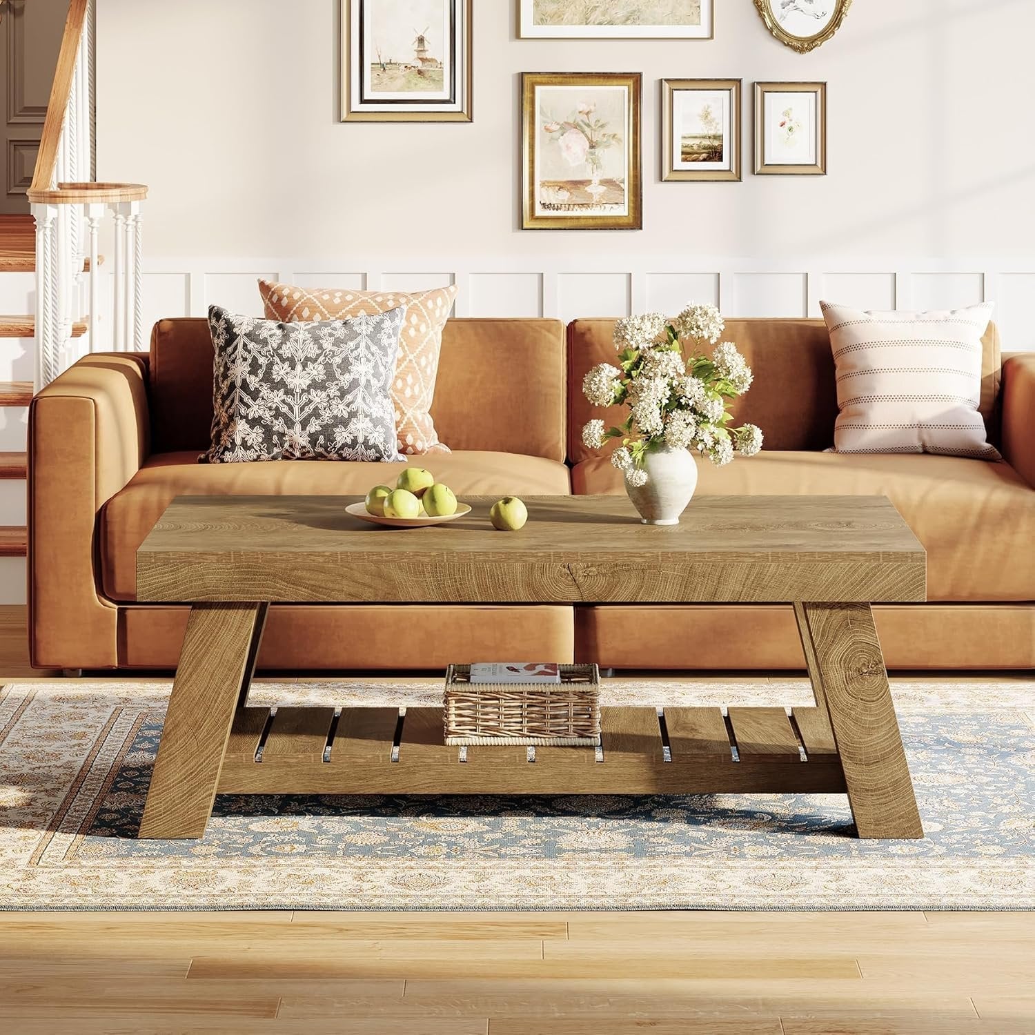 Tribesigns Table basse de style campagnard de 120 cm, Table rectangulaire rustique avec pieds en V pour salon